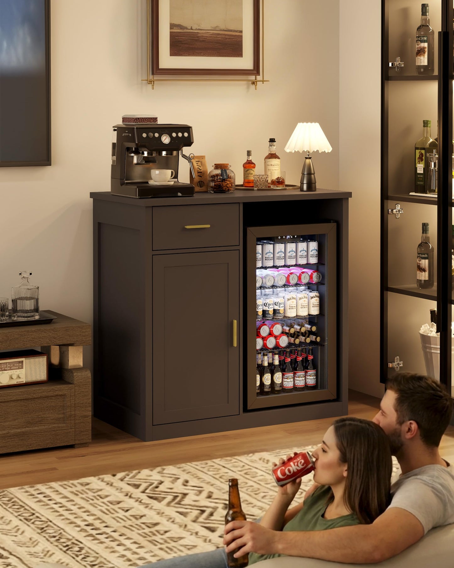 Otterease Bar Cabinet with Mini Fridge Space, Coffee & Wine Bar Cabinet with Drawer and Storage, Modern Liquor Cabinet & Buffet Sideboard for Living Room, Dining Room or Home Bar, Brown