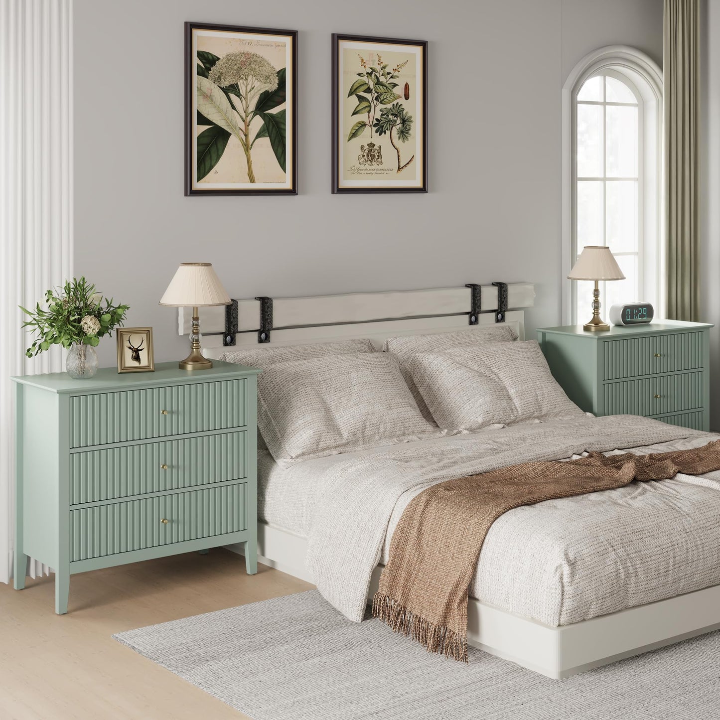 May in Color Sage Green Large 3-Section Set of 2, Painted 30 Inch Tall Wood Nightstand with Storage, Wide Modern Cabinet with Ball Bearing Slide for Hallway Living Room Entryway