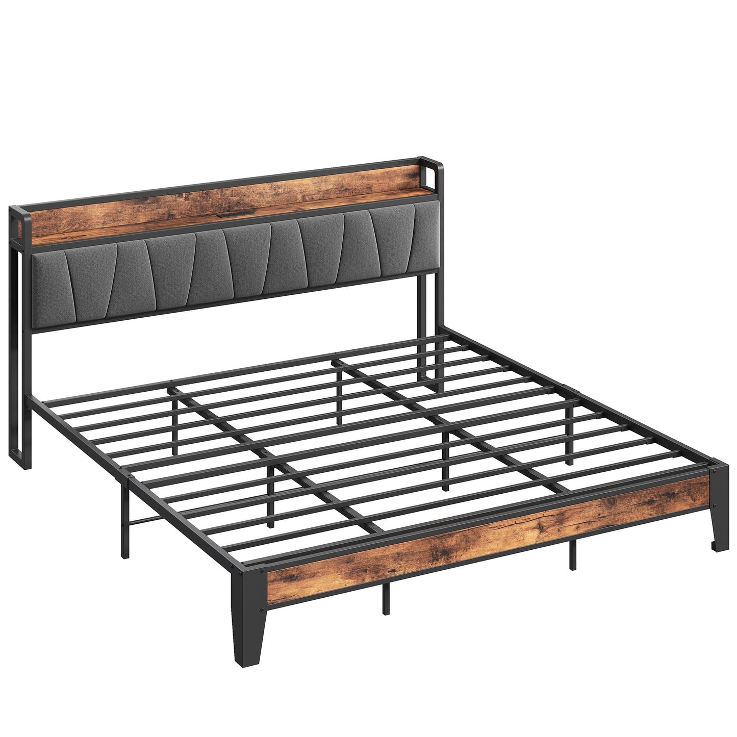 LIKIMIO King Size Bed Frame, Storage Headboard with Charging Station, Solid and Stable, Noise Free, No Box Spring Needed, Easy Assembly