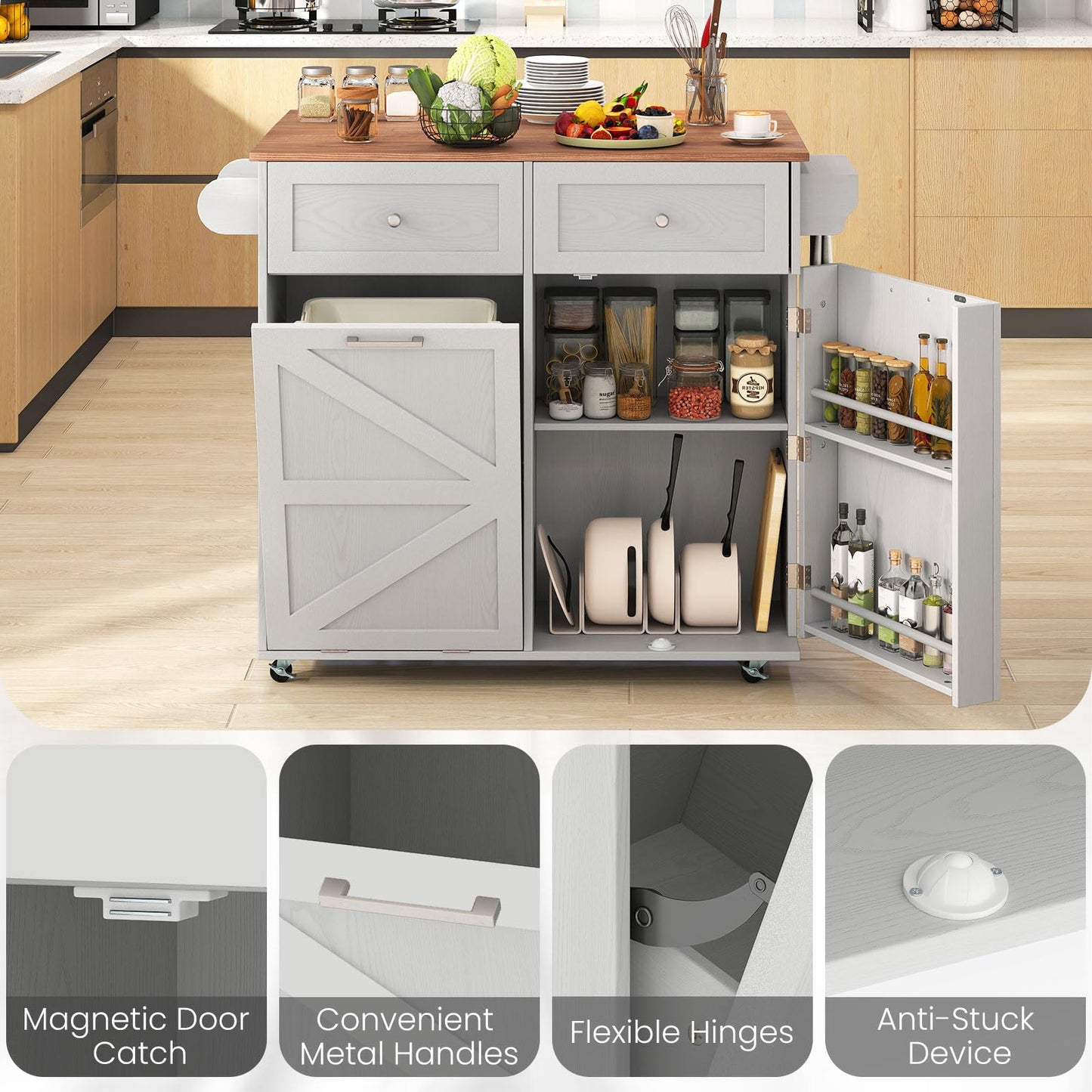 Giantex Kitchen Island Cart with Hidden Tilt Out Trash Can Cabinet, Drop Leaf, 2 Drawers, Towel Rack, Rolling Mobile Breakfast Bar Table, Wood Kitchen Storage Cart on Wheels (Grey & Natural)