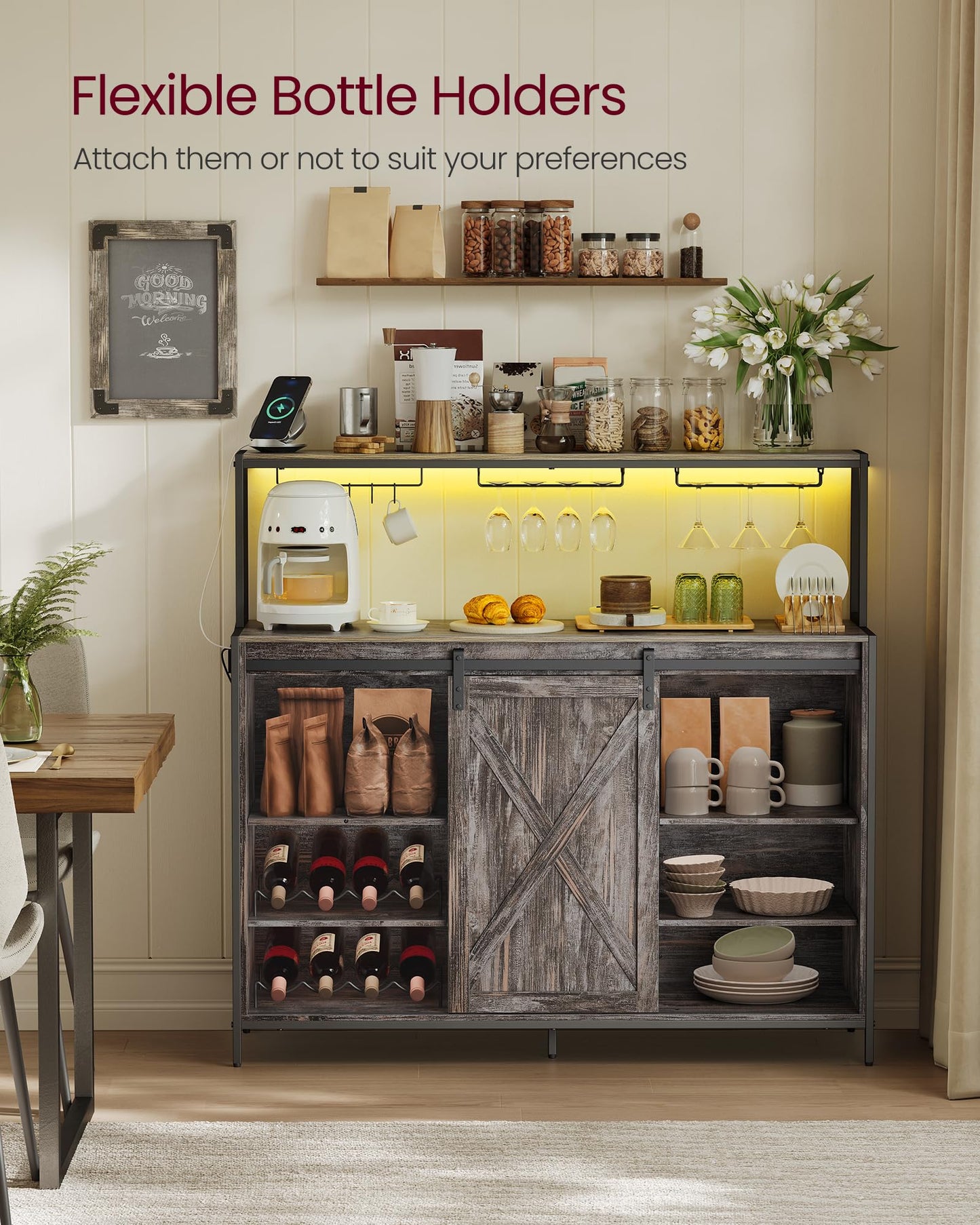 VASAGLE Coffee Bar Cabinet with Power Outlet and Voice Control LED Light, Buffet Cabinet with Sliding Barn Doors, S Hooks, Wine Glass Racks, Bottle Holders, Maple Gray ULSC201G01