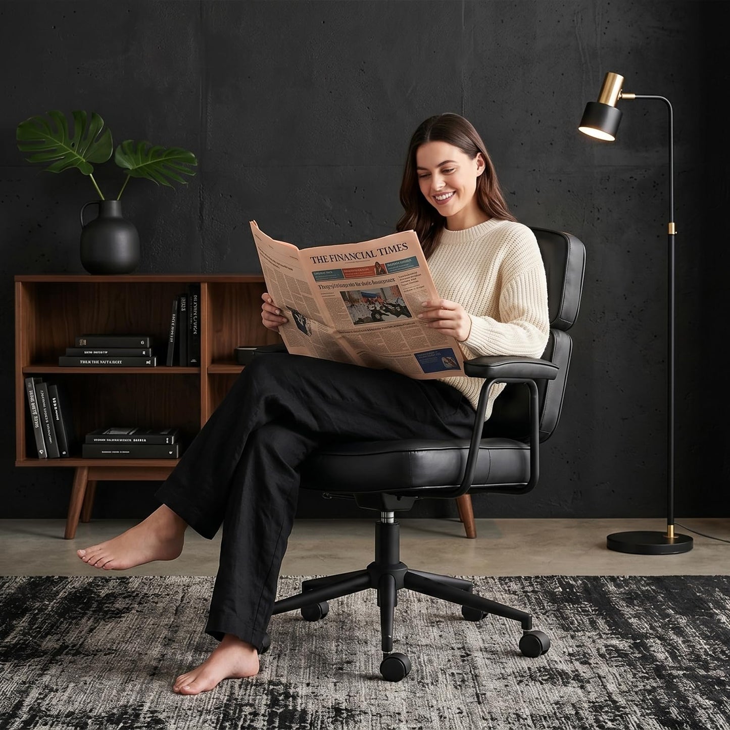 HAPPYMONT Ergonomic High Back Leather Office Chair, Executive Computer Desk Chair with Lumbar Support & Padded Arms, Adjustable Height 360° Rolling Swivel Task Chair for Home Office, Black