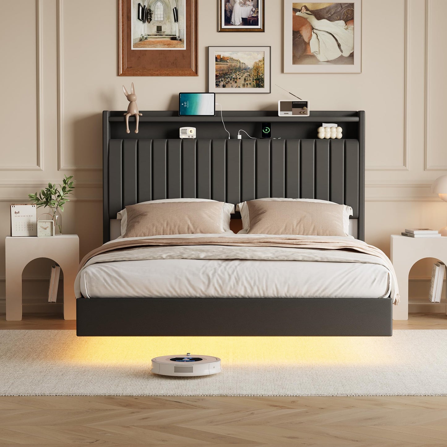Queen Floating Bed Frame with LED Lights & Charging Station, Upholstered Leather Platform Bed Frame with Headboard, 50" Tall Floating Bed with Stable Structure, No Box Spring Needed,Black