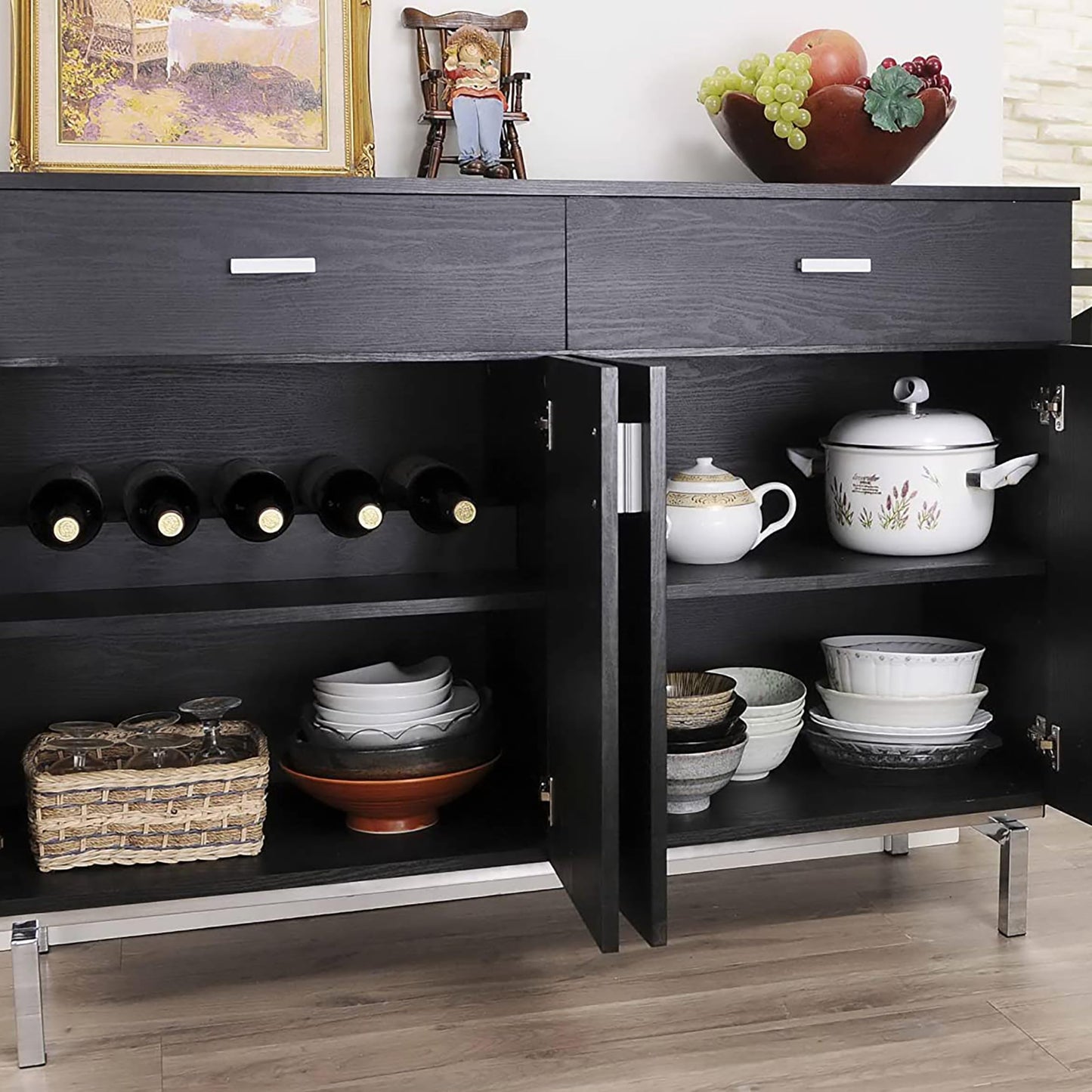 Furniture of America Brysin Modern 48-inch Sideboard Buffet Cabinet with Removable Wine Holder, 2 Drawers On Metal Glides and 2 Storage Compartments for Dining Room, Black and Silver