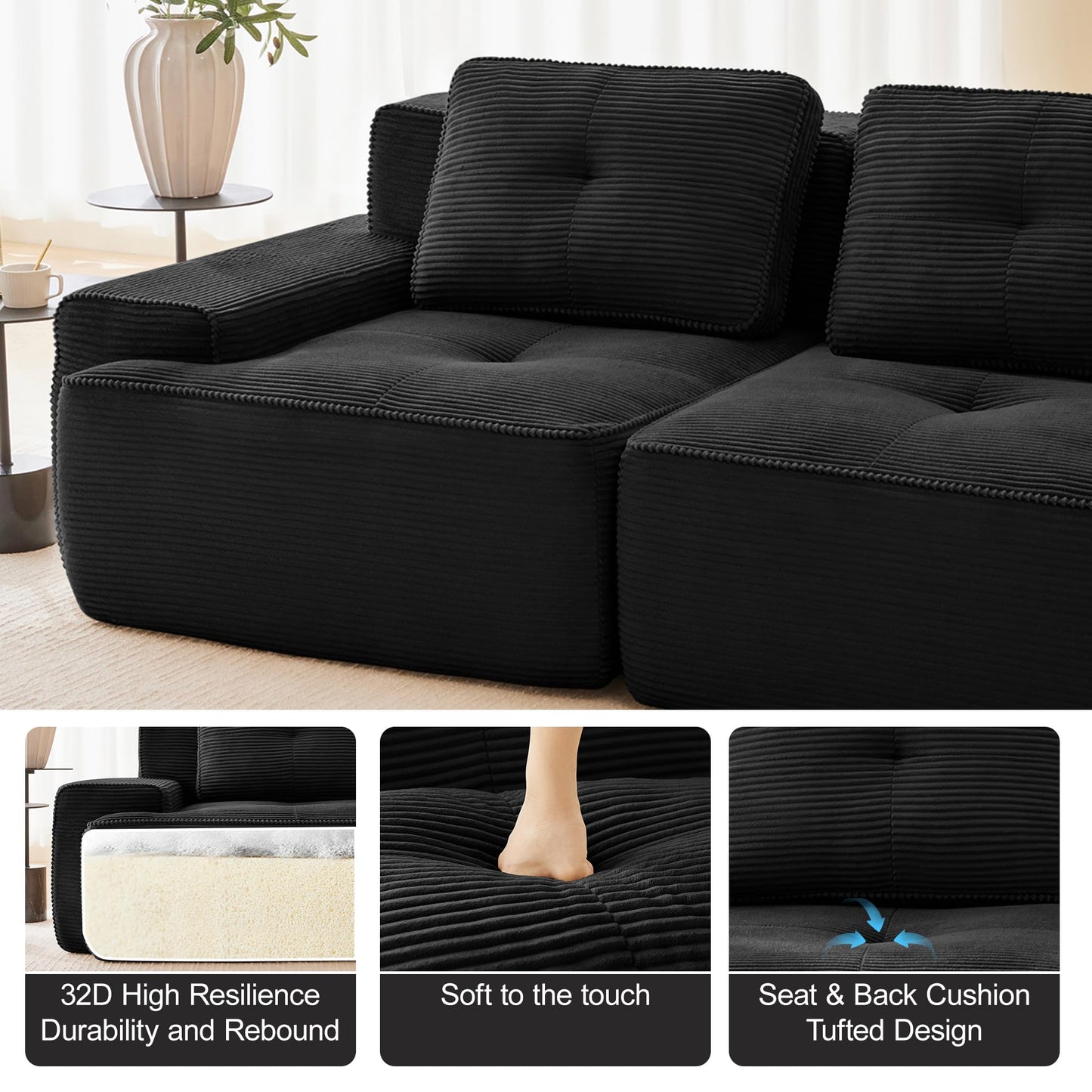 KEIKI 80" Oversized Corduroy Modular Sectional Loveseat Sofa with High-Density Foam Cushion & 2 Pillow, Upholstered Anti-slip Design 2-Seater Tufted Couch, No Assembly Required, for Living Room, Black