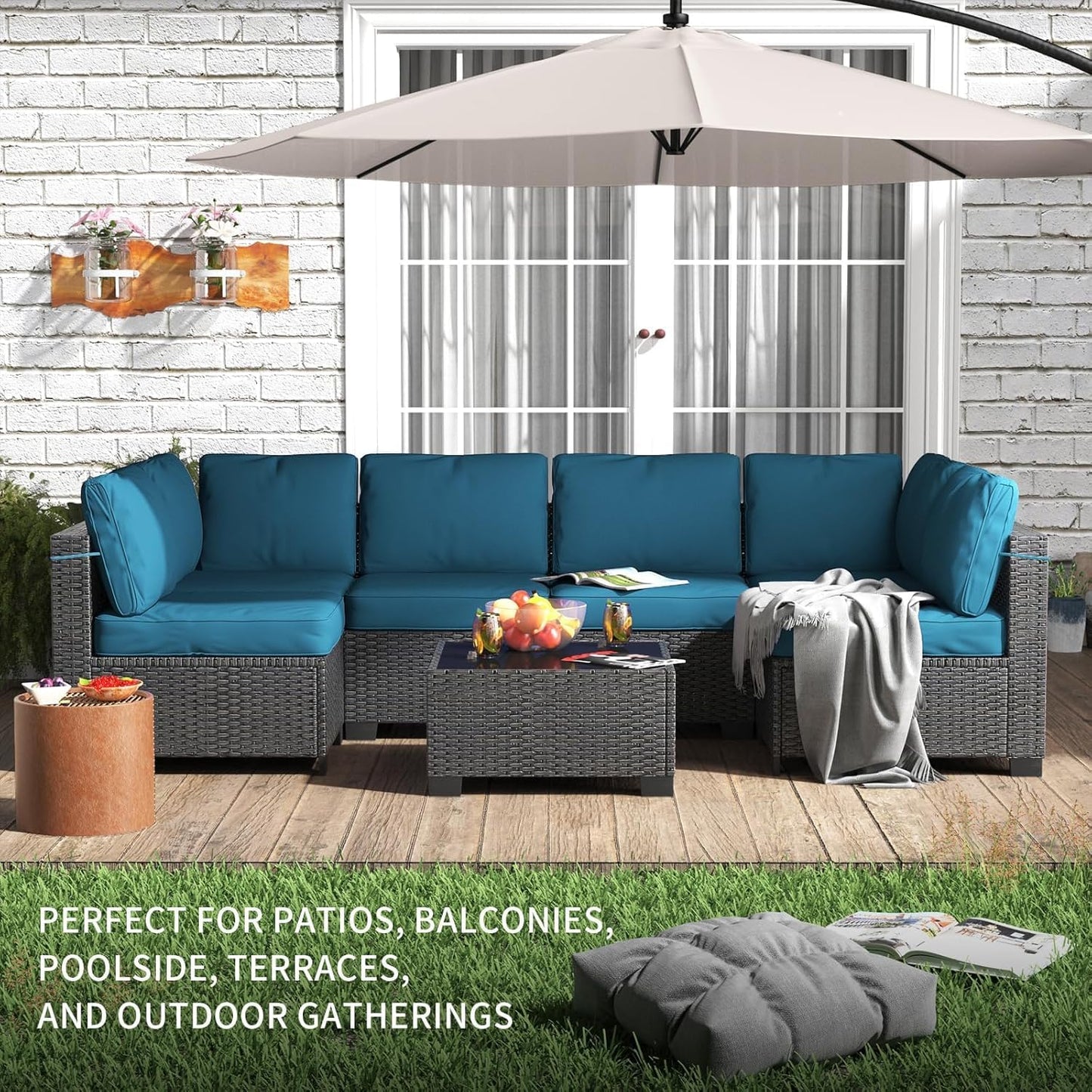 6 Piece Sectional Rattan Sofa with Glass Top Coffee Table, Patio Rattan Conversationr Sofa Set, All Weather Outdoor Patio Furniture Set and Chairs, Poolside, Garden, Porch