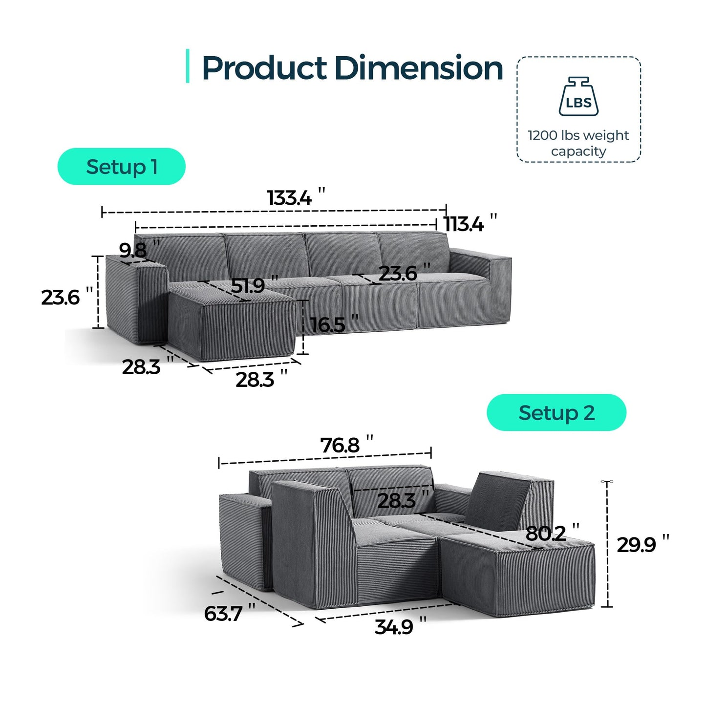LINSY HOME Modular Sectional Sofa, 134" Boneless Couch L Shaped 4-Seat Sofa with Movable Ottoman, Corduroy Sectional Cloud Couches for Living Room, No Assembly Required, Bluish Grey