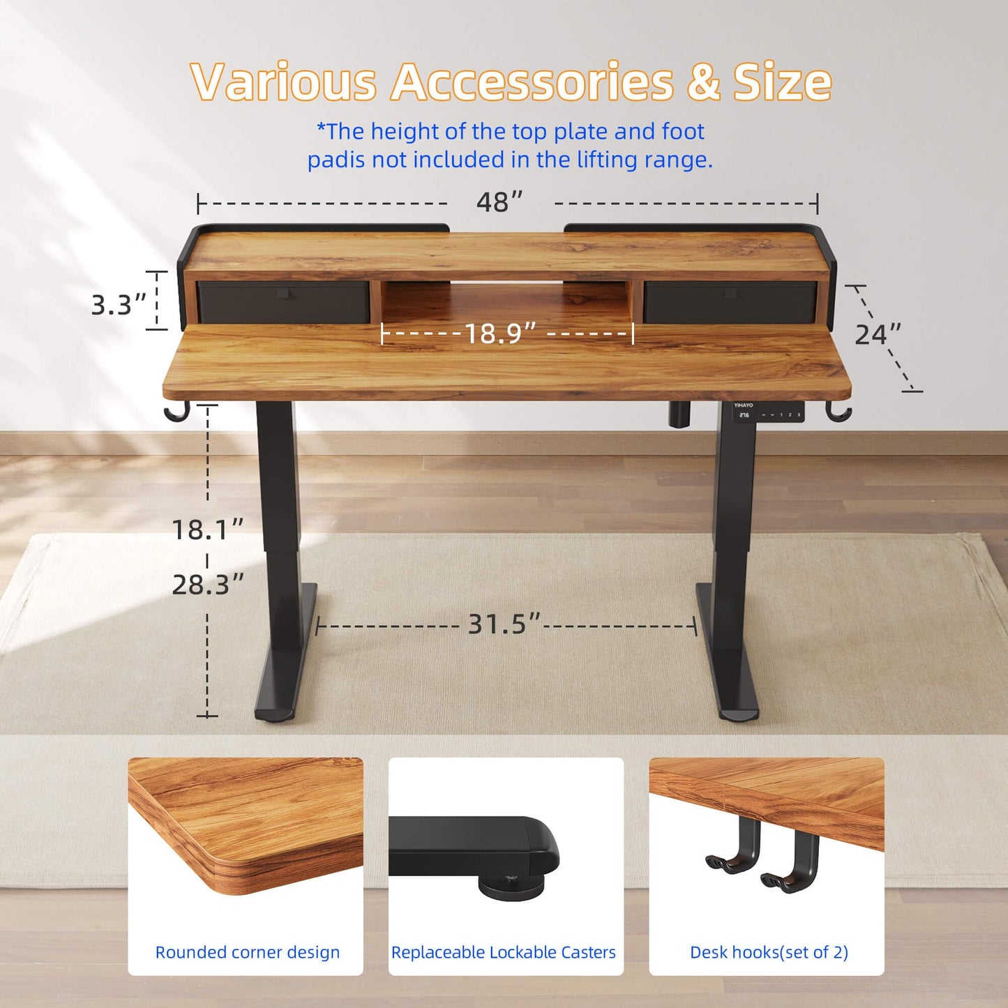 YIHAYO Low Height Adjustable Desk with Drawers, Lifts 18.1-28.3 Inches, Electric Standing Desk with Storage Shelf for short people, 48 x 24 Inches Table with Splice Board for Home Office, Rustic Brown