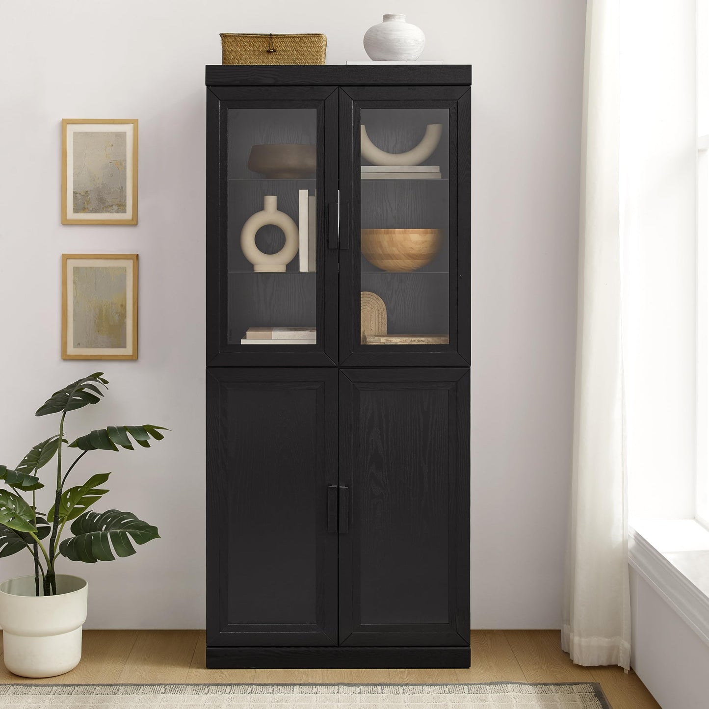 Crosley Furniture Essen Glass Door China Hutch Kitchen Pantry Storage Cabinet with Doors and Shelves, Black