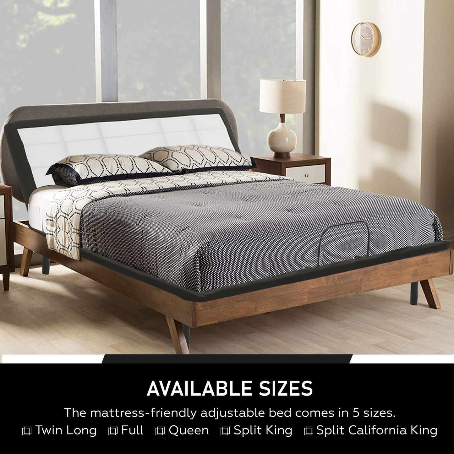 Greaton 15-inch Adjustable Bed Frame with Decorative Fabrics | Head Inclining with Wired Remote, Protective Foot Retainer Bar, 12-inch Patented Screw-in Durable Legs, Twin XL, White
