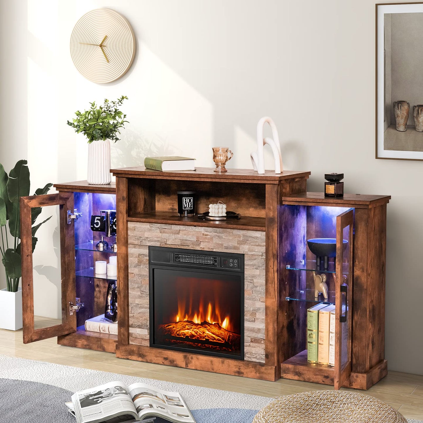 Tangkula Electric Fireplace TV Stand, Electric Fireplace Mantel with 16-Color Led Lights, Adjustable Glass Shelves, Remote & Smart APP Control, TV Console for Living Room