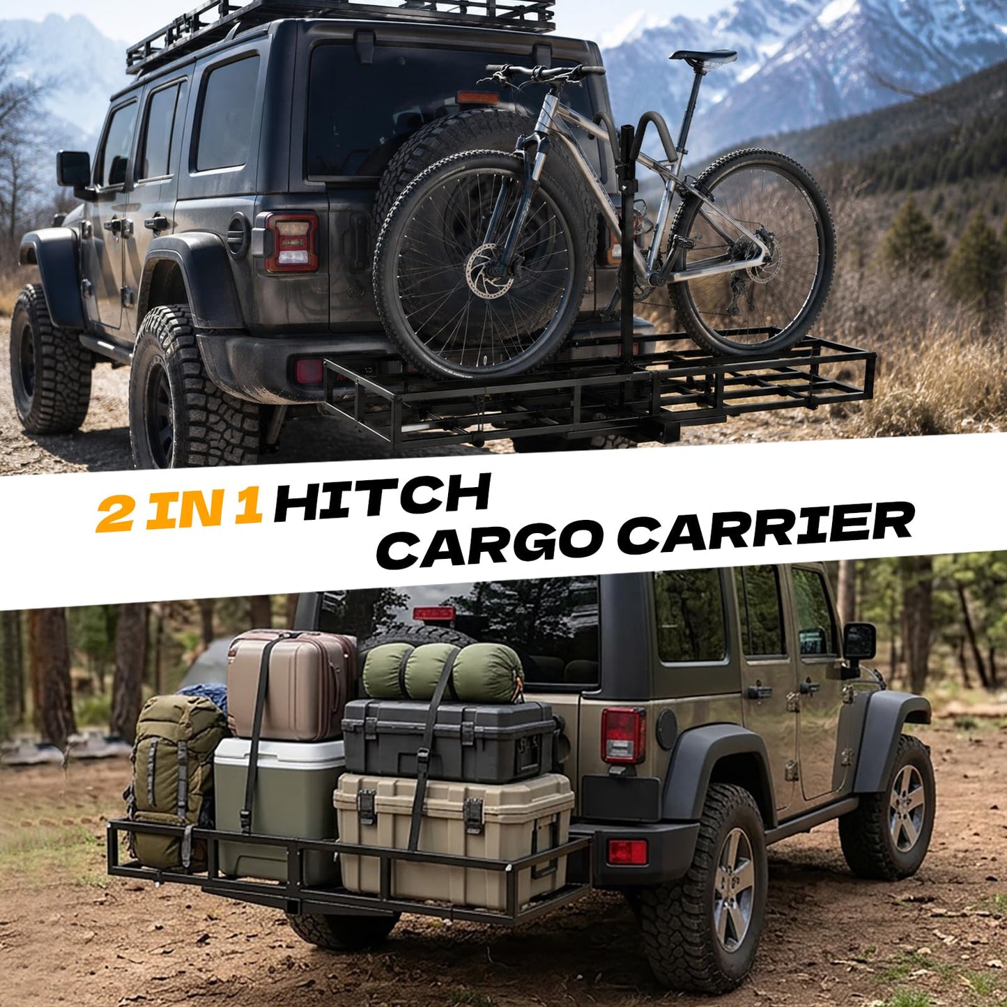 Hitch Cargo Carrier with Bike Rack,64" x 20" x 6" 2 in 1 Folding Trailer Hitch Rack for 2 Standard, Fat Tire and Electric Bike, Fits for Car SUV Truck RV Minivan with 2-Inch Receiver