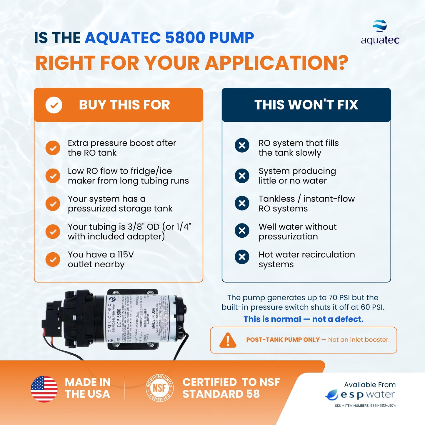 Aquatec DDP 5800 RO Delivery Demand Pump, 0.7 GPM, 3/8-Inch Quick Connect, 120V – High Flow Rate, Durable, Compact, Quiet, Compatible with Most Tank-Based Reverse Osmosis Systems 5851-7E12-J574