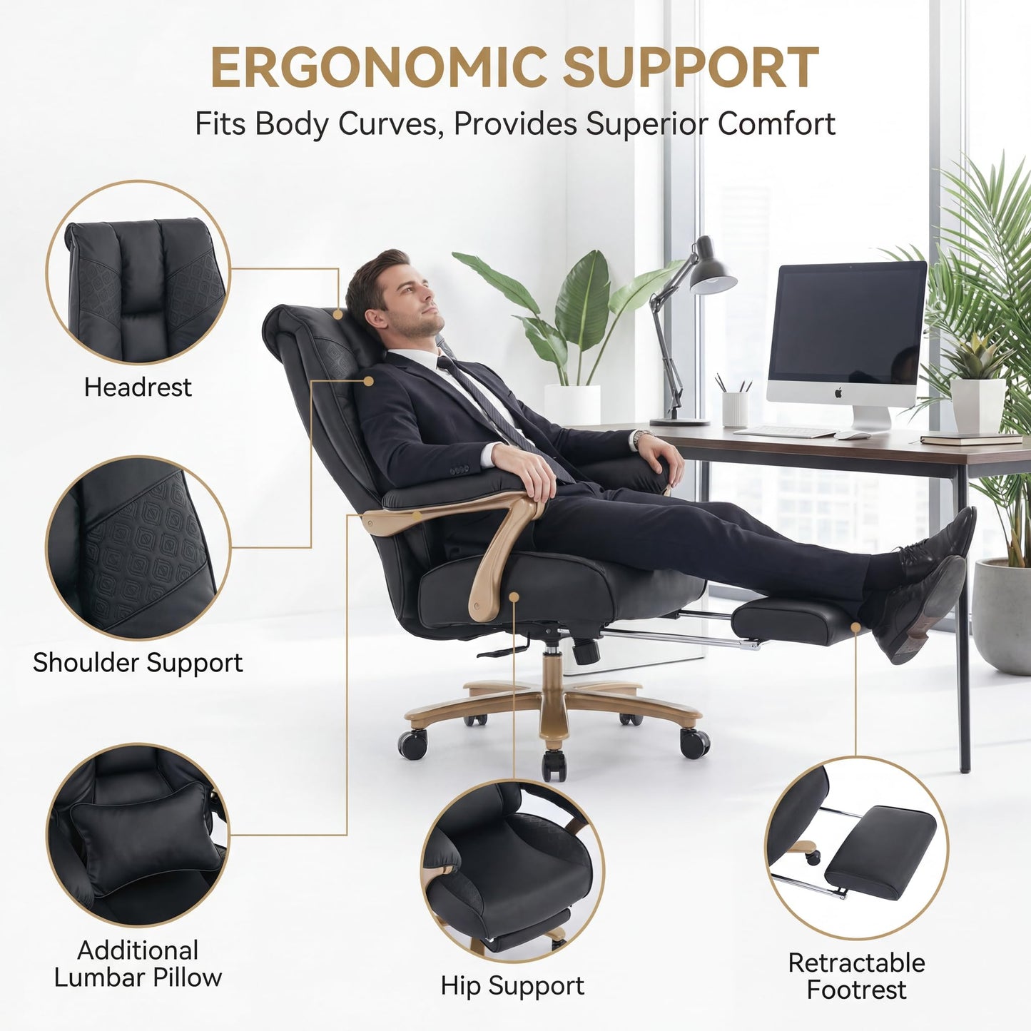 EXCEBET Big and Tall Office Chair 400lbs Wide Seat, Ergonomic Executive Desk Office Chair with Footrest, High Back PU Leather Chair with Lumbar Support, Padded Armrests, Heavy Duty Base, Black
