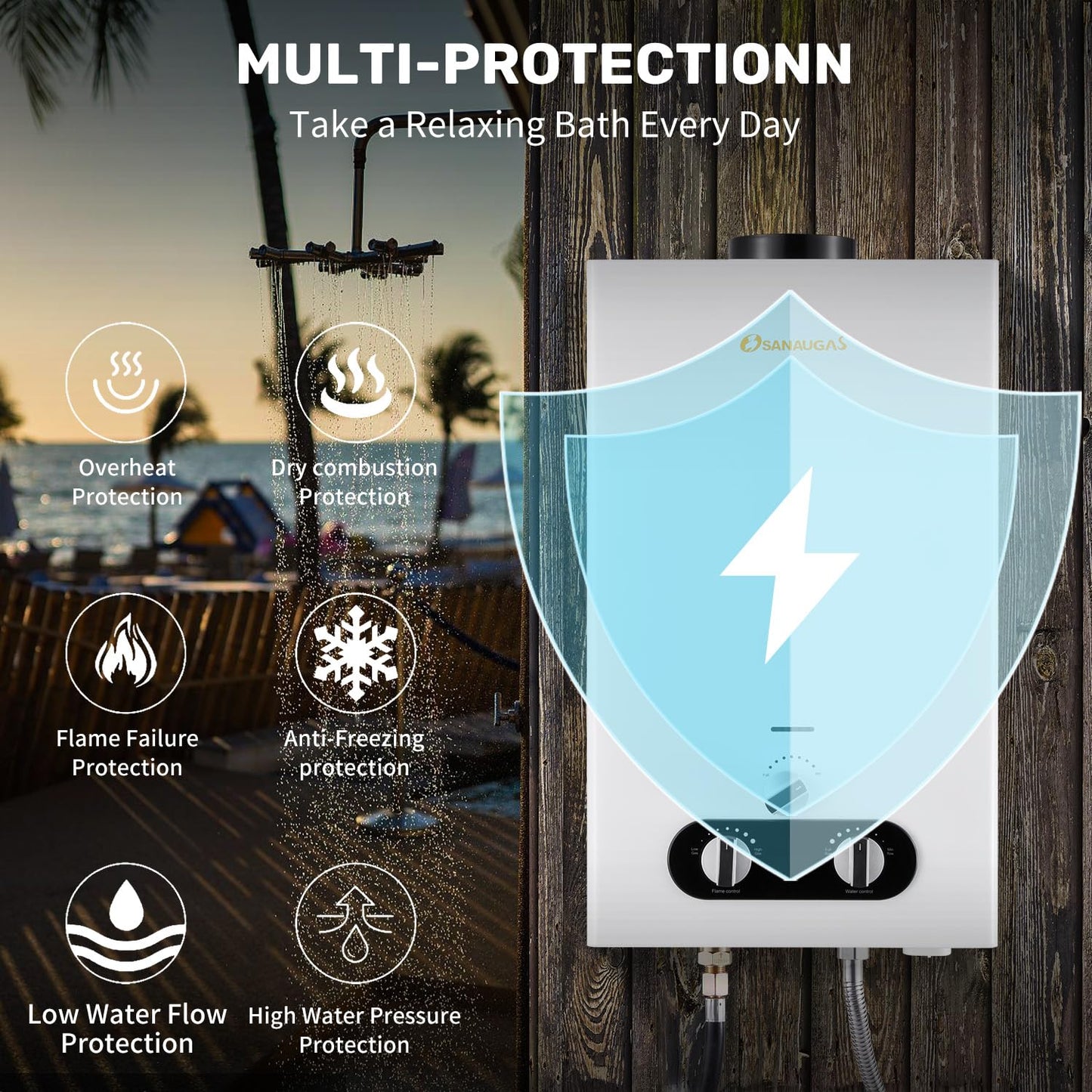 Tankless Water Heater Propane, 2.64 GPM 10L Portable Propane Camping Water Heater with Overheating Protection, for RV Camping, Pet Bathing, Barn & Cabin(White)
