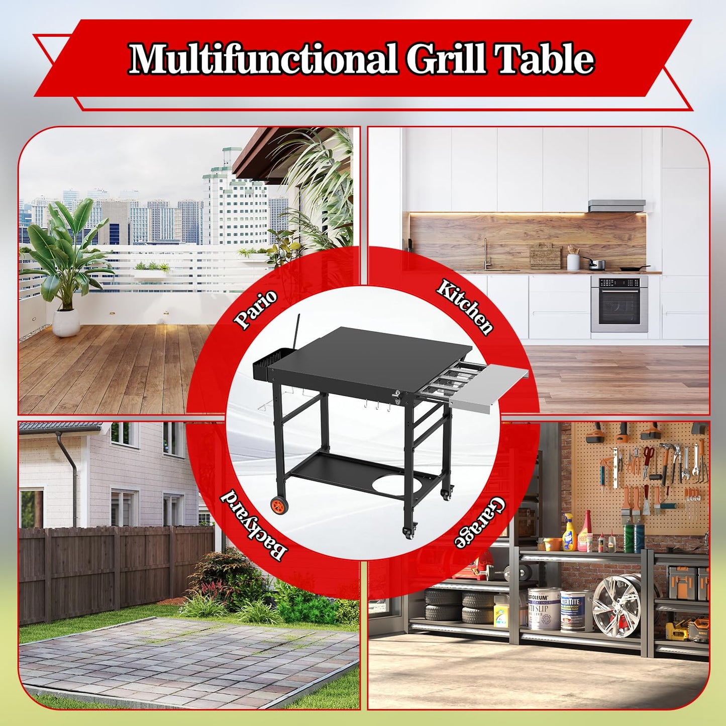 AOKEMAi Grill Table for Oon Pizza Oven Accessories, Ninja Pizza Oven Table with Extendable Desk - Fit Gozney, Solo Stove, Durable Outdoor Grill Cart Stand with Food Prep Topping Station for Backyard