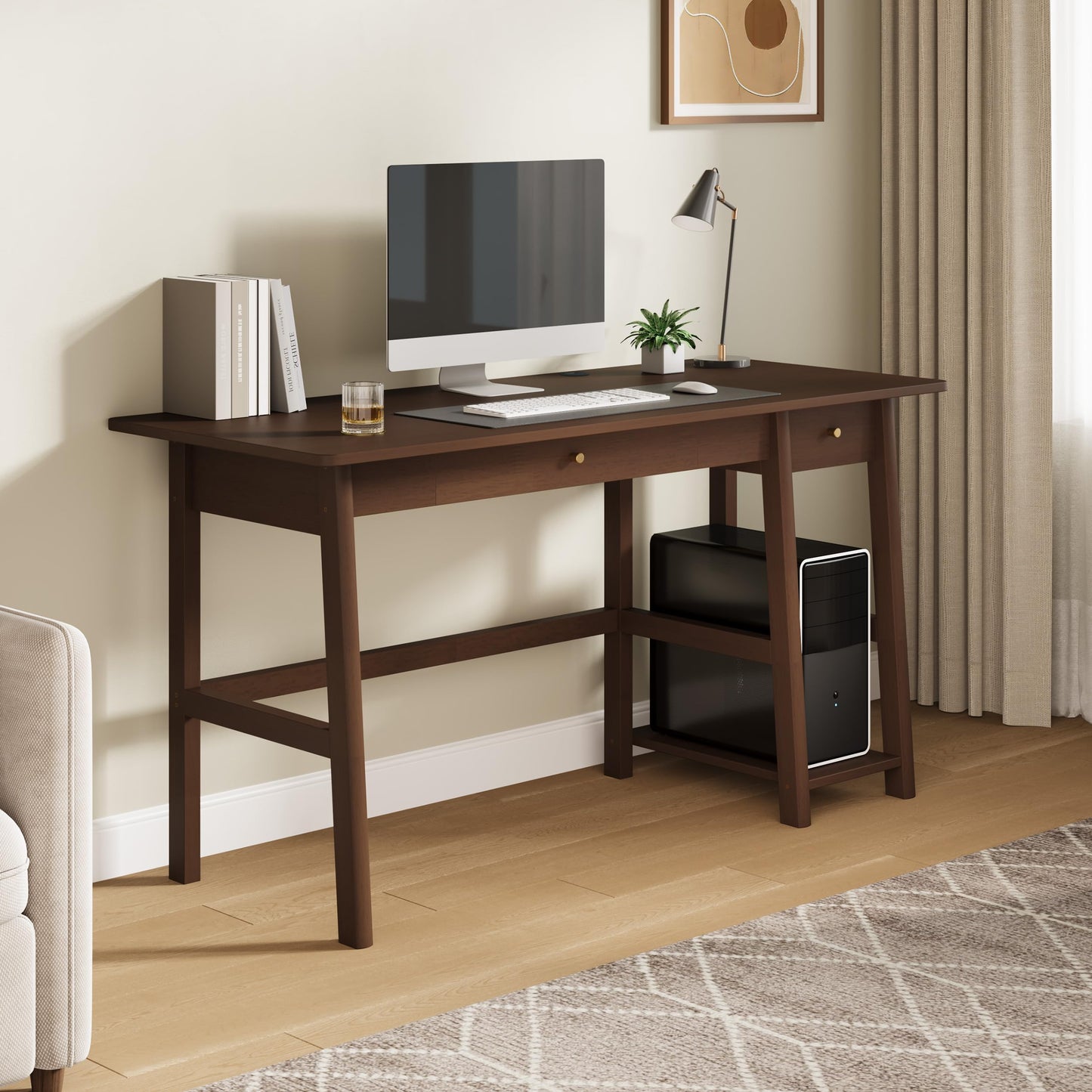 NELYE Solid Wood Desk with Drawer - 58 Inch Modern Writing and Computing Workstation for Home Office in Walnut