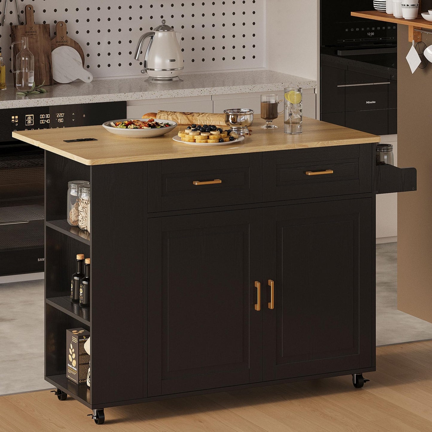 IRONCK Kitchen Island with Power Outlet & Drop Leaf, 47.2" Width Rolling Kitchen Island on Wheels with Storage, Mobile Kitchen Island Cart with Spice Rack, Open Shelves and Drawer, Black