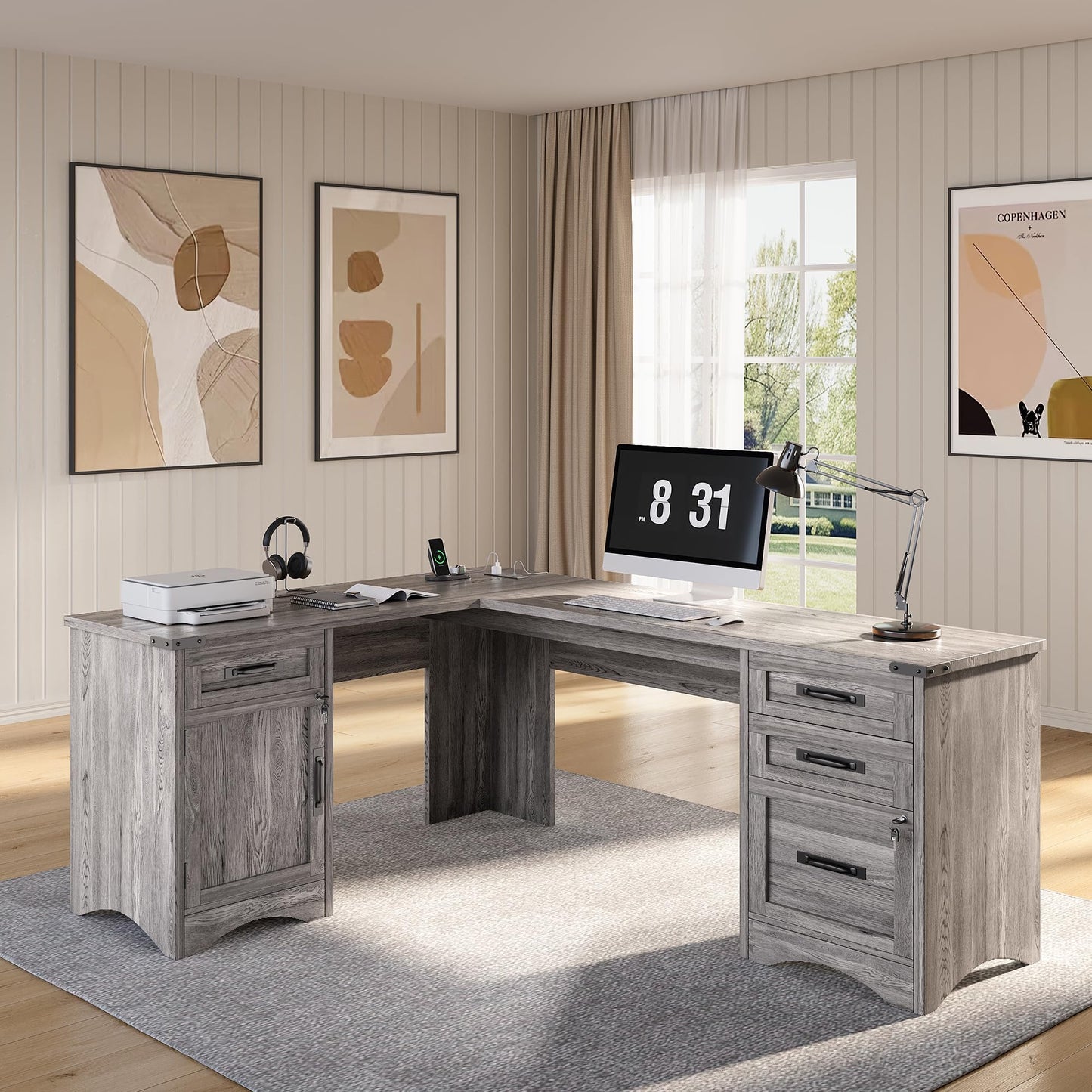 Decofy L Shaped Farmhouse Executive Desk with Drawers, 67" Home Office Desks with Fast Charging Station, Lockable File Cabinet, Wood Writing Computer Desk for Work, Study, Grey