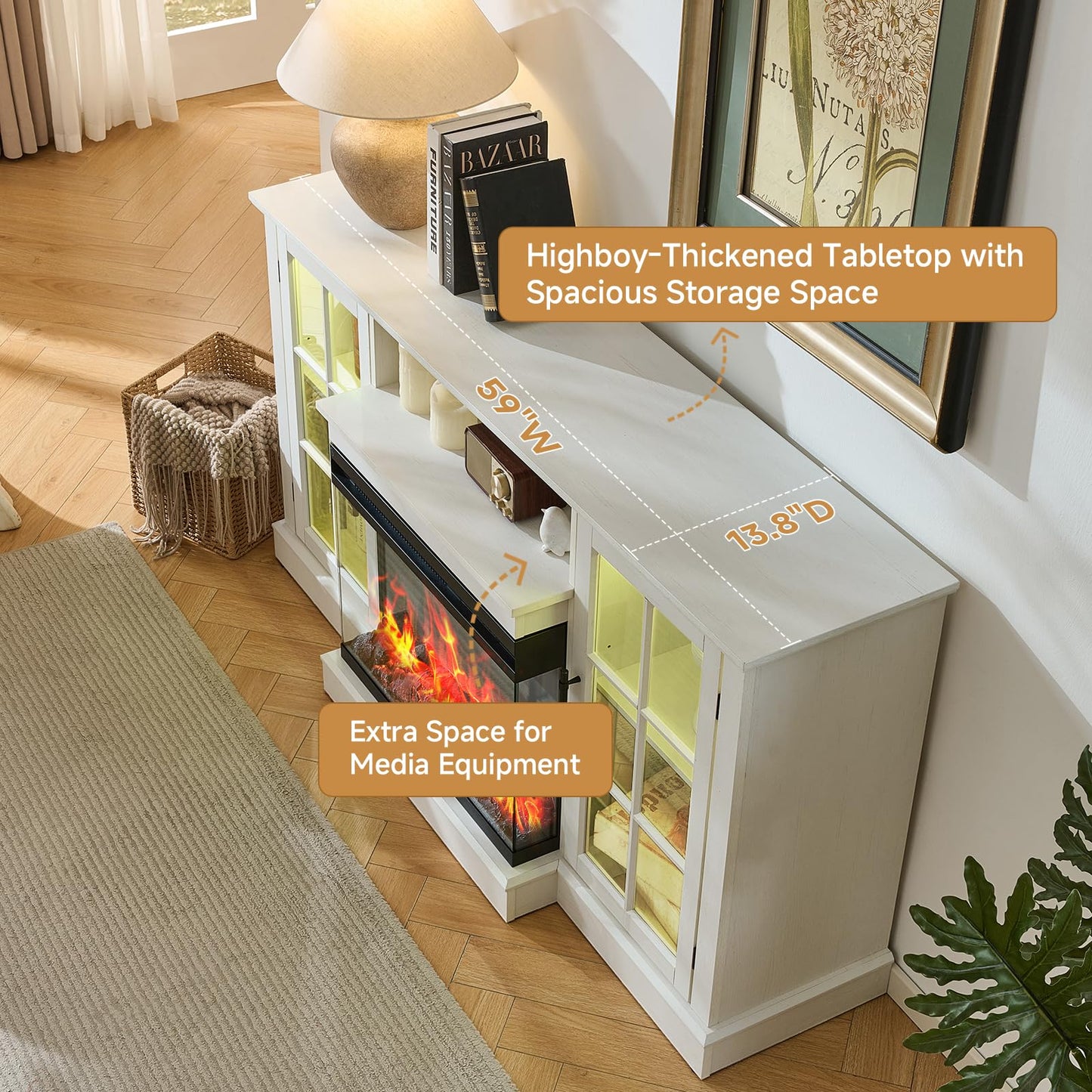ROCKPOINT 3 Sided Glass 59" Fireplace TV Stand for TVs up to 65inch, Media Entertainment Center with Storage Cabinet,24" Electric Fireplace with LED Light and Flame Colors, White