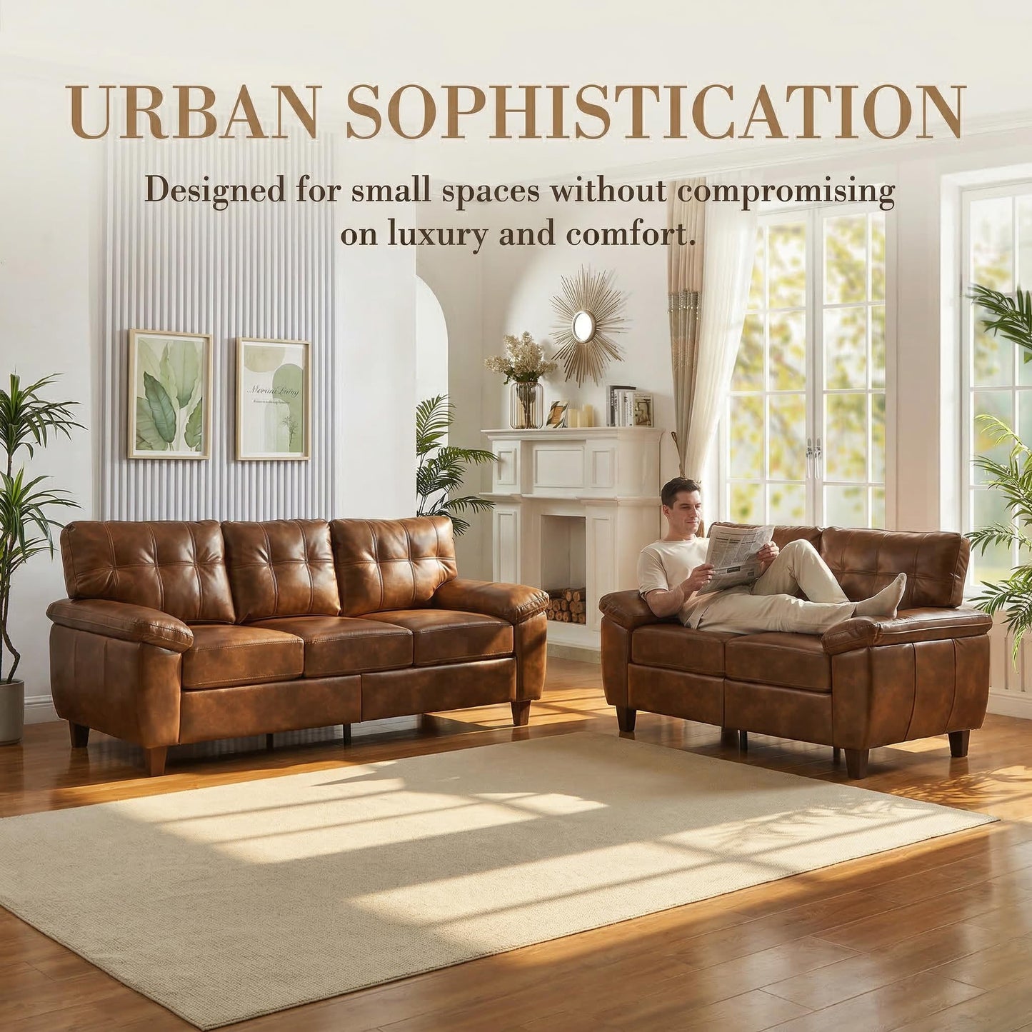 KEIKI 79"Modern PU Leather Living Room Sofa Couch with Storage, Three Seater with Wide Armrests and Tufted Back Cushions, Comfortable Spring Seat Support Couch for Living Room Apartment Lounge, Brown