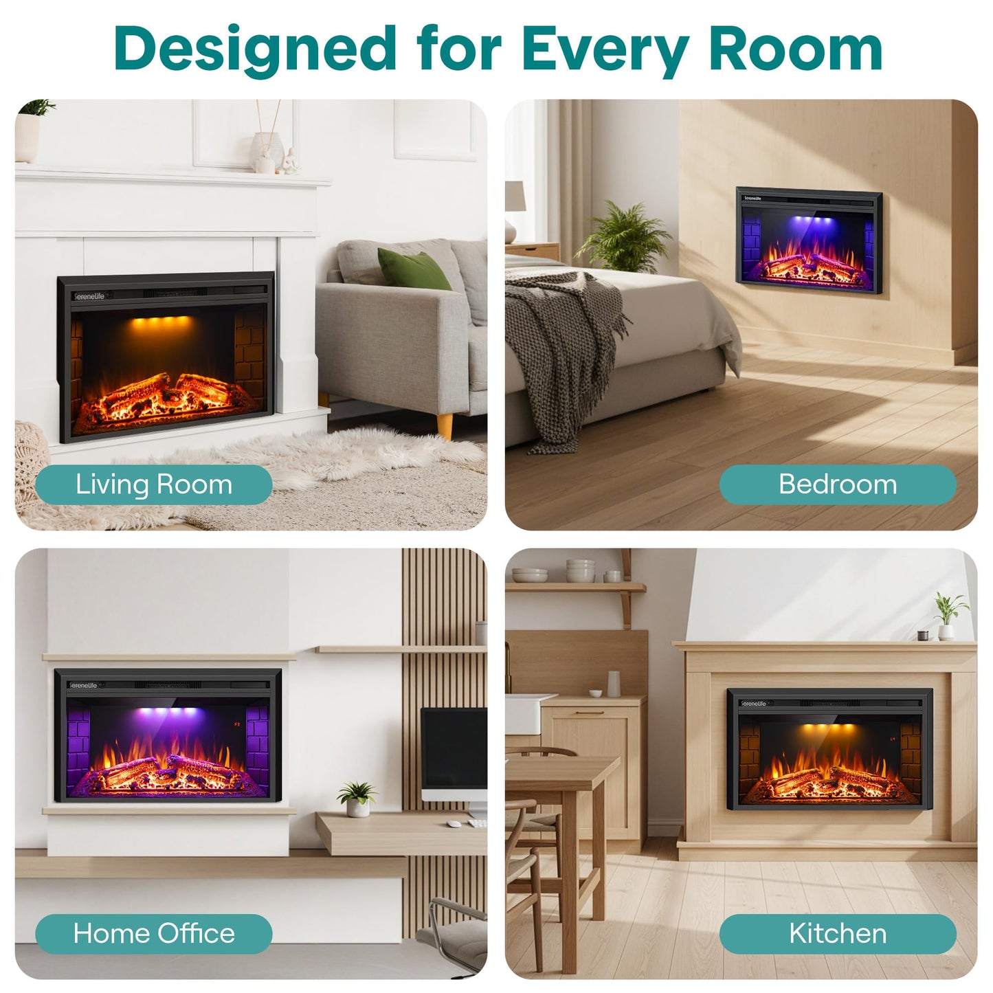SereneLife Electric Fireplace Insert with Heater | Smart Wi-Fi App Control & Remote | 700W/1500W Adjustable Thermostat with Overheat Protection | 36"x21" Recessed or Wall Mount Design