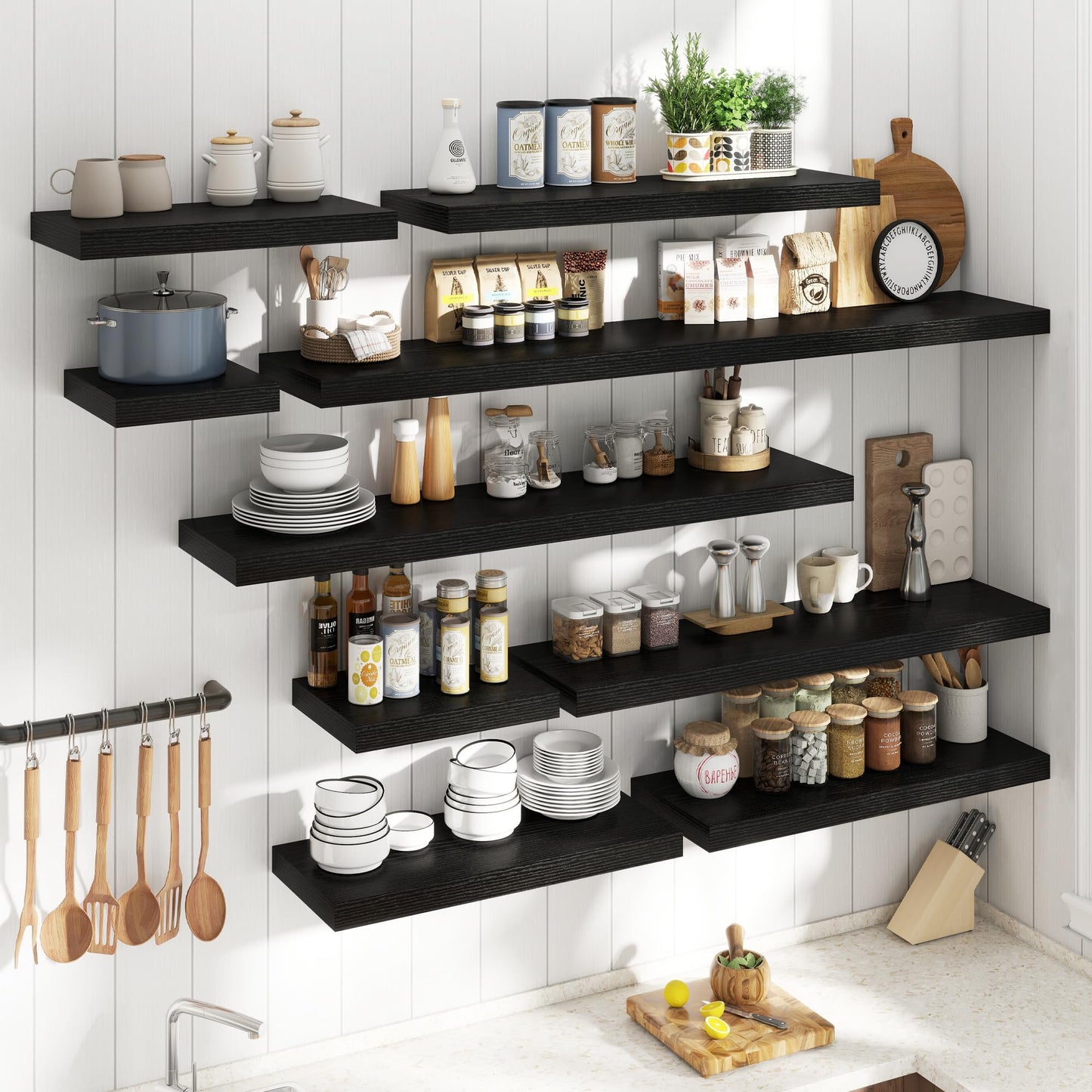 72 Inch Long Floating Shelves for Wall Set of 2, 12"D Wood Grain Bathroom Shelves with Invisible Brackets, Easy Install Engineered Wood Storage Shelves for Kitchen, Living Room, Bedroom, Black Finish