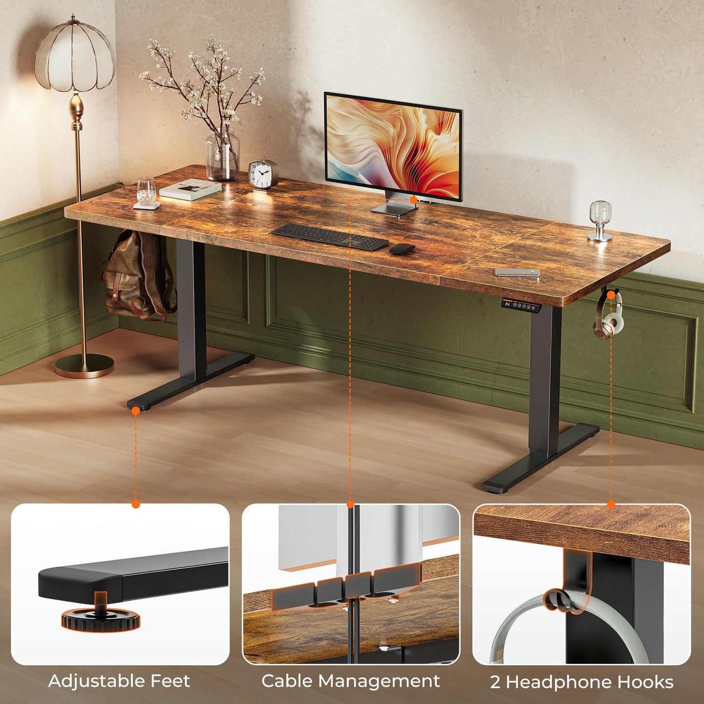 Huuger 71 x 30 Large Electric Standing Desk, Height Adjustable Computer Desk, 29.5" Deep Desktop, Stand up Gaming Office Table with 2 Hooks, 3 Preset Heights, for Home Office, Rustic Brown