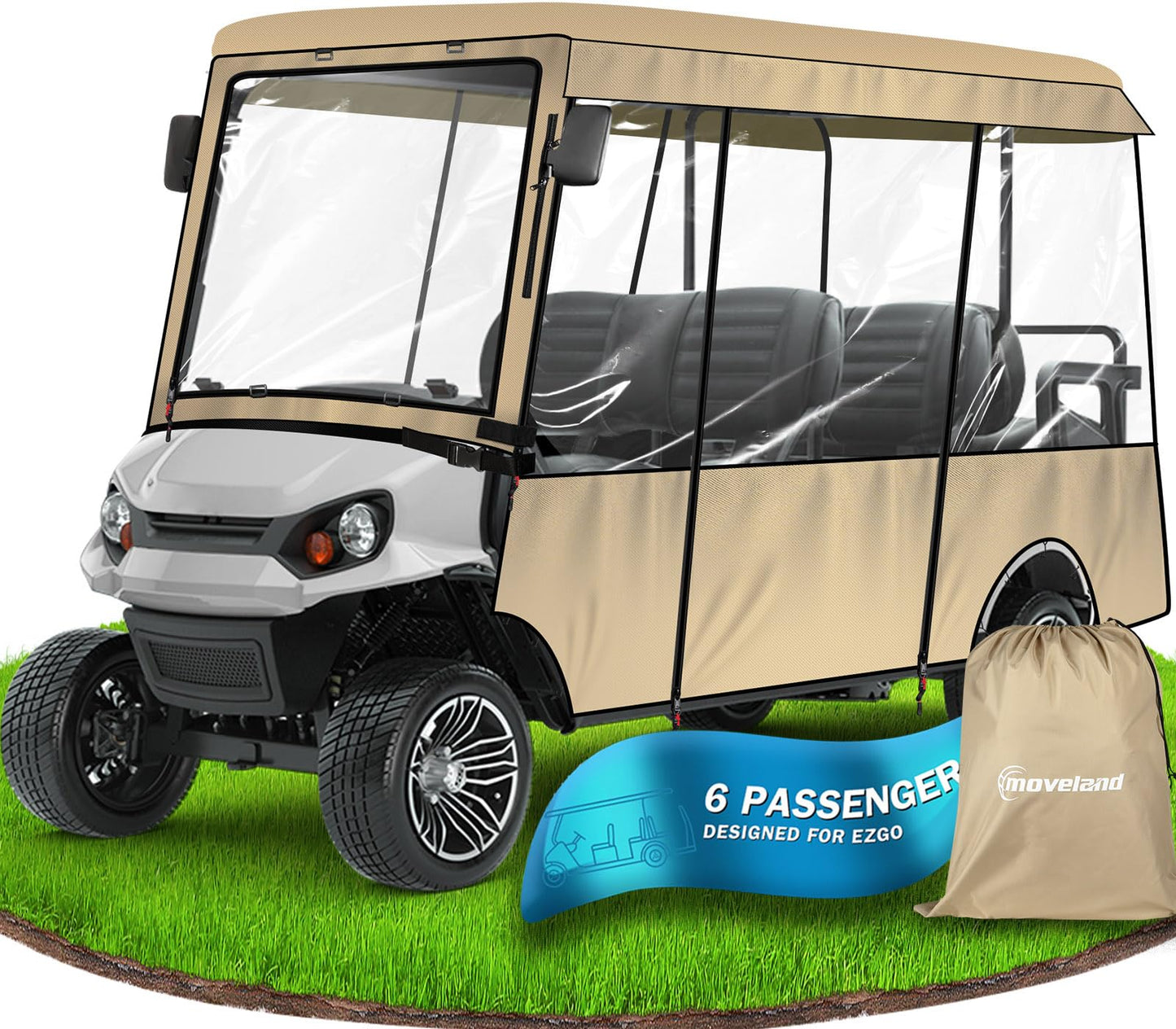 moveland 6 Passenger Golf Cart Driving Enclosure - Heavy Duty Golf Car Rain Cover for EZGO 118" Roof - Upgraded Stronger Door Zipper for Golf Cart Outdoor Enclosure | Taupe