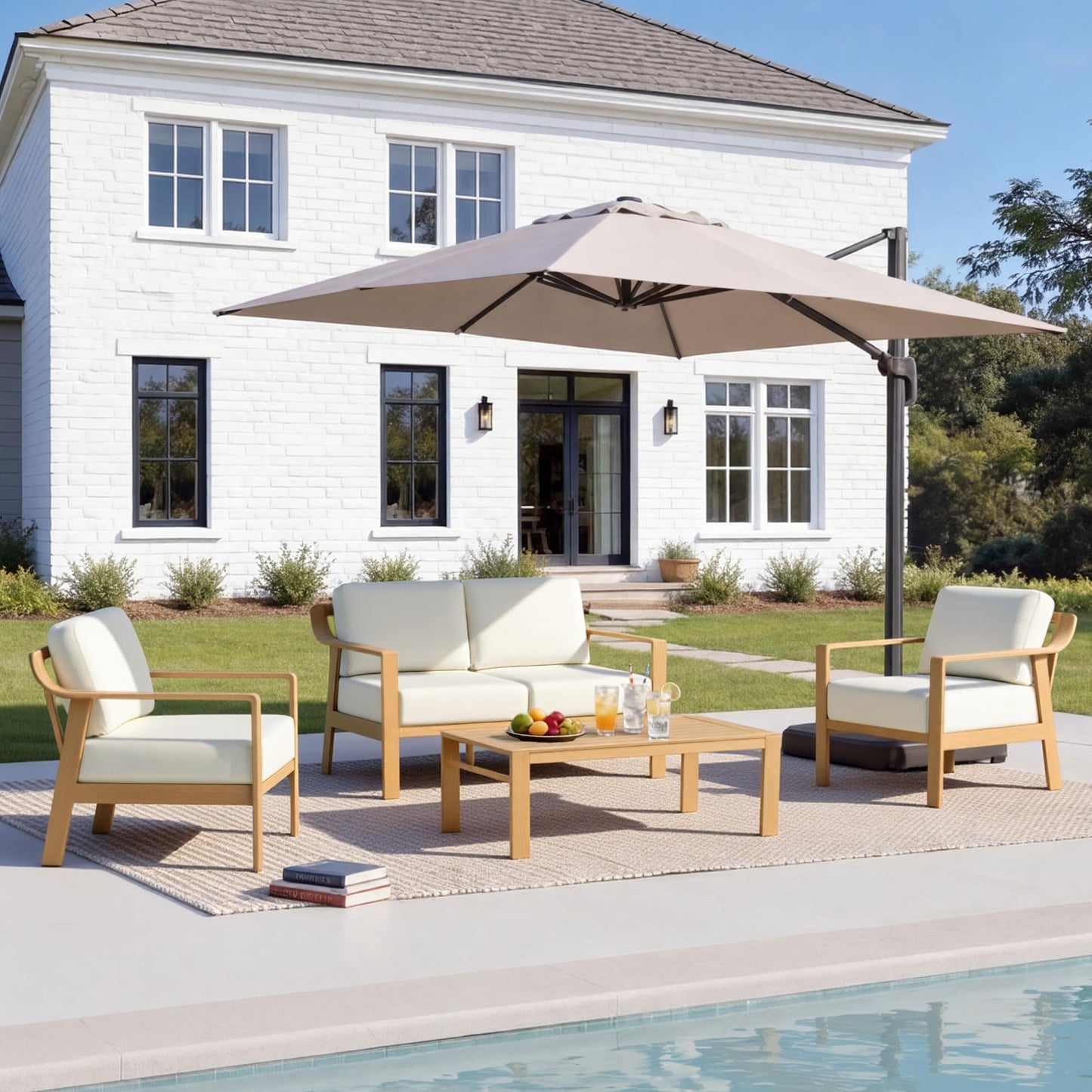 KISLOT Aluminum Outdoor Patio Furniture Set with Coffee Table,4 Seater Patio Conversation Sets with Washable Thick Cushions,Outdoor Sectional Furniture Set for Poolside, Balcony,Wood-Grain Frame