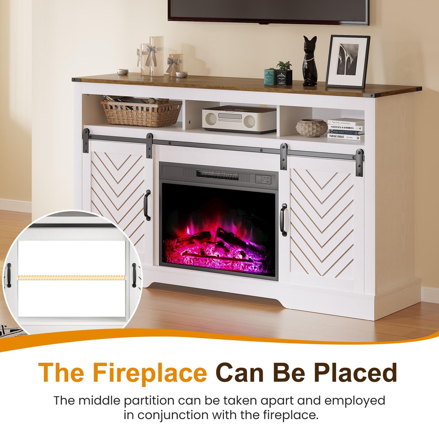 RoyalCraft Farmhouse Fireplace TV Stand for 65+ TV, Entertainment Center with 23" Electric Fireplace with Remote, 34" Tall Modern Rustic TV Console with Sliding Bar Door for Living Room, Antique White