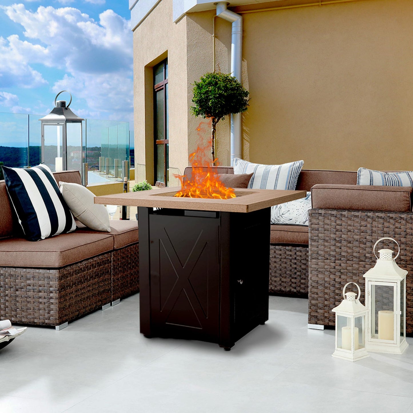 Hexago 28 Inch Outdoor Gas Square 50000 BTU Fire Pit Table with Lid, Bionic Wood Grain Propane fire pits Tables for Outside Backyard Garden Camping Party