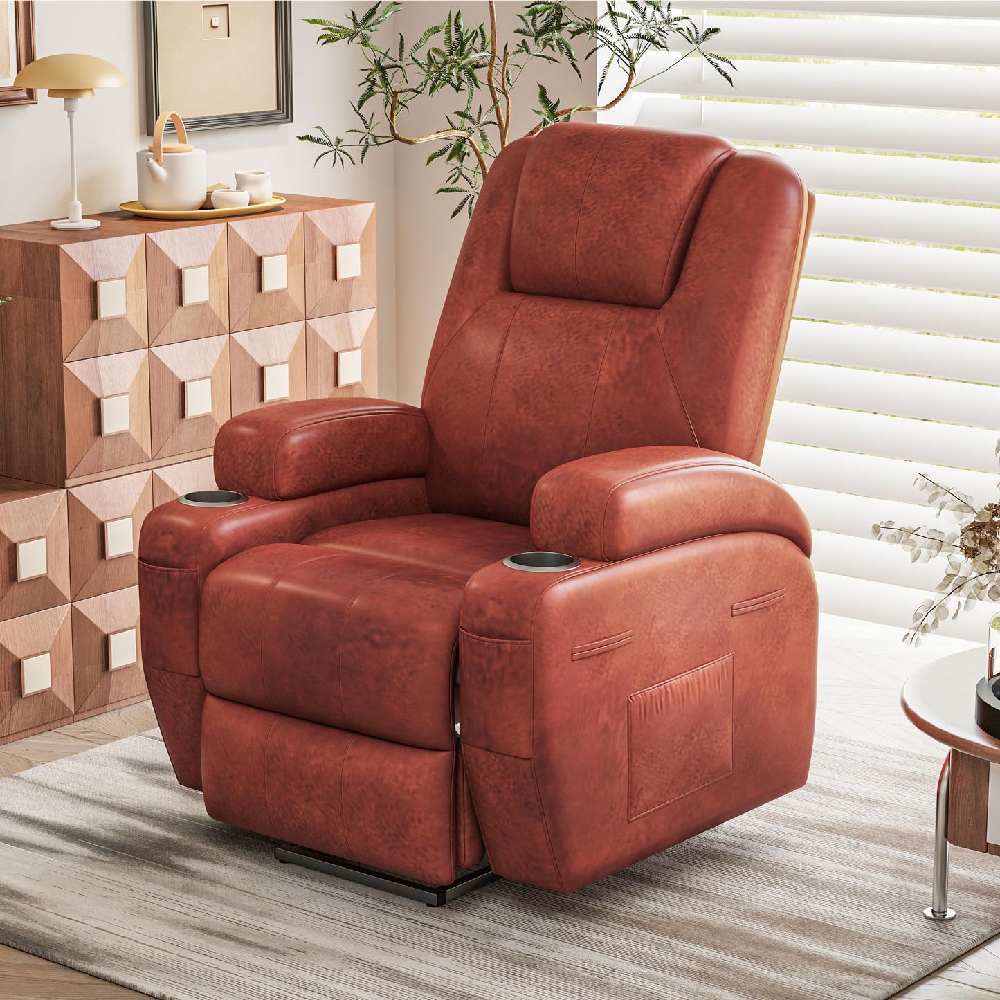 Furmax Electric Power Lift Recliner Chair with Massage for Elderly Corduroy Fabric Recliner Single Sofa with Cup Holders, Side Pockets and Remote Control for Living Room Bedroom (Leathaire, Brown)