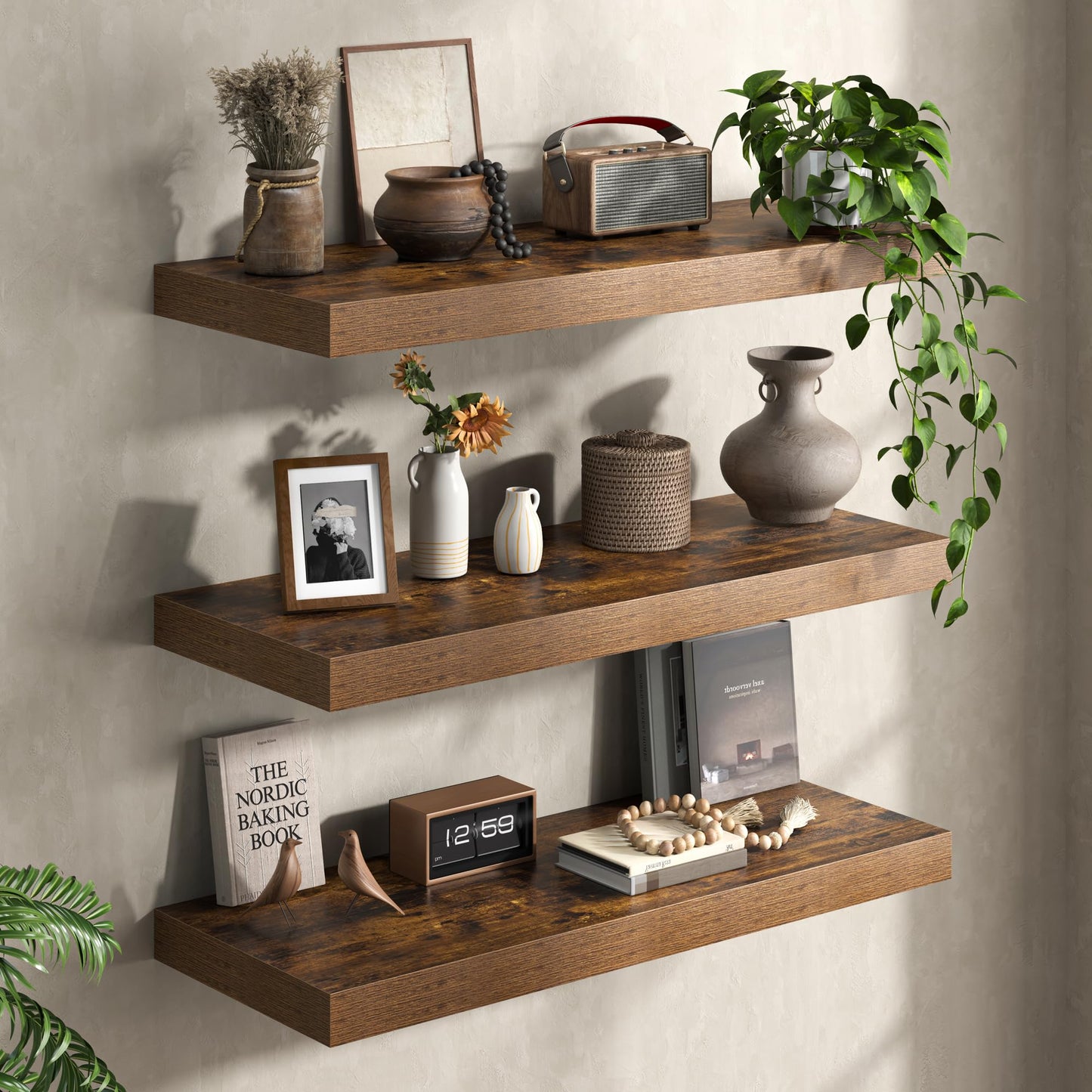 Fun Memories 72 Inch Floating Shelves, 12 Inch Deep Wall Shelf for Fireplace Mantel, Deep Storage Shelves for Home & Office, Long Floating Shelf with Invisible Bracket, Rustic Brown, Set of 2
