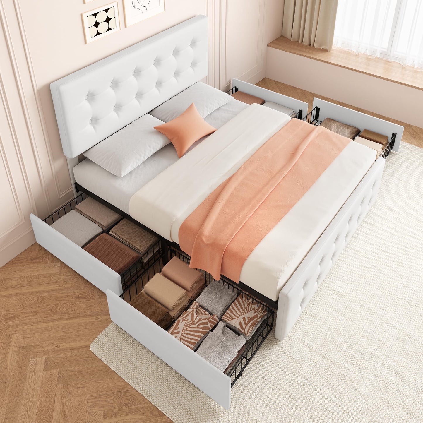 GarveeHome Full Size Bed Frame with 4 Storage Drawers and Headboard, Faux Leather Upholstered Platform Bed Frame with Wooden Slats Support, Button Tufted Design, No Box Spring Needed, White
