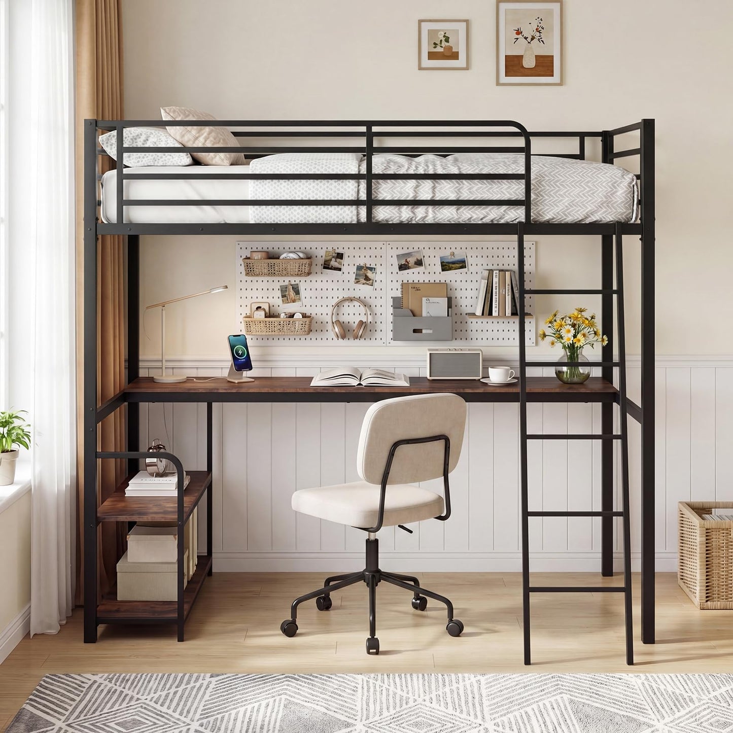 KOMFOTT Twin Loft Bed with Desk & Shelves, Heavy Duty Metal Bed Frame with Charging Station, Inclined Ladder & Guardrails, Space-Saving Metal Loft Bed for Kids, Teens, Adults, No Box Spring Needed
