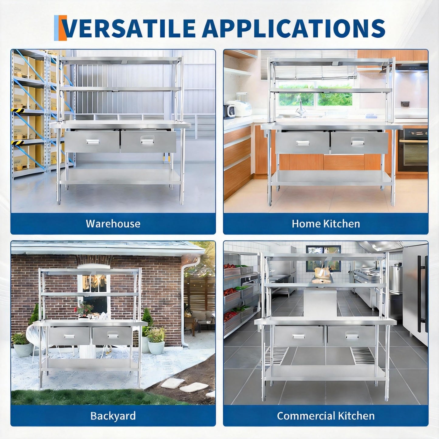 Stainless Steel Table with Overshelves and Drawers, Work Tables Workbench