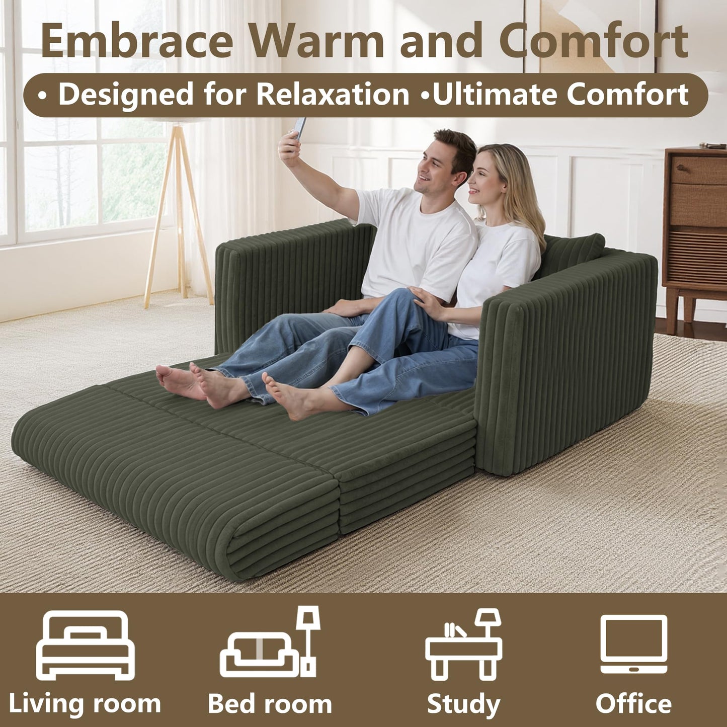 HABUTWAY 41.3" Loveseat Boneless Couch, 4-in-1 Convertible Sofa Bed, Plush Fur Folding Futon Sofa Bed Couches with a Pillow for Living Room, High-Density Foam Support, No Assembly Required, Green