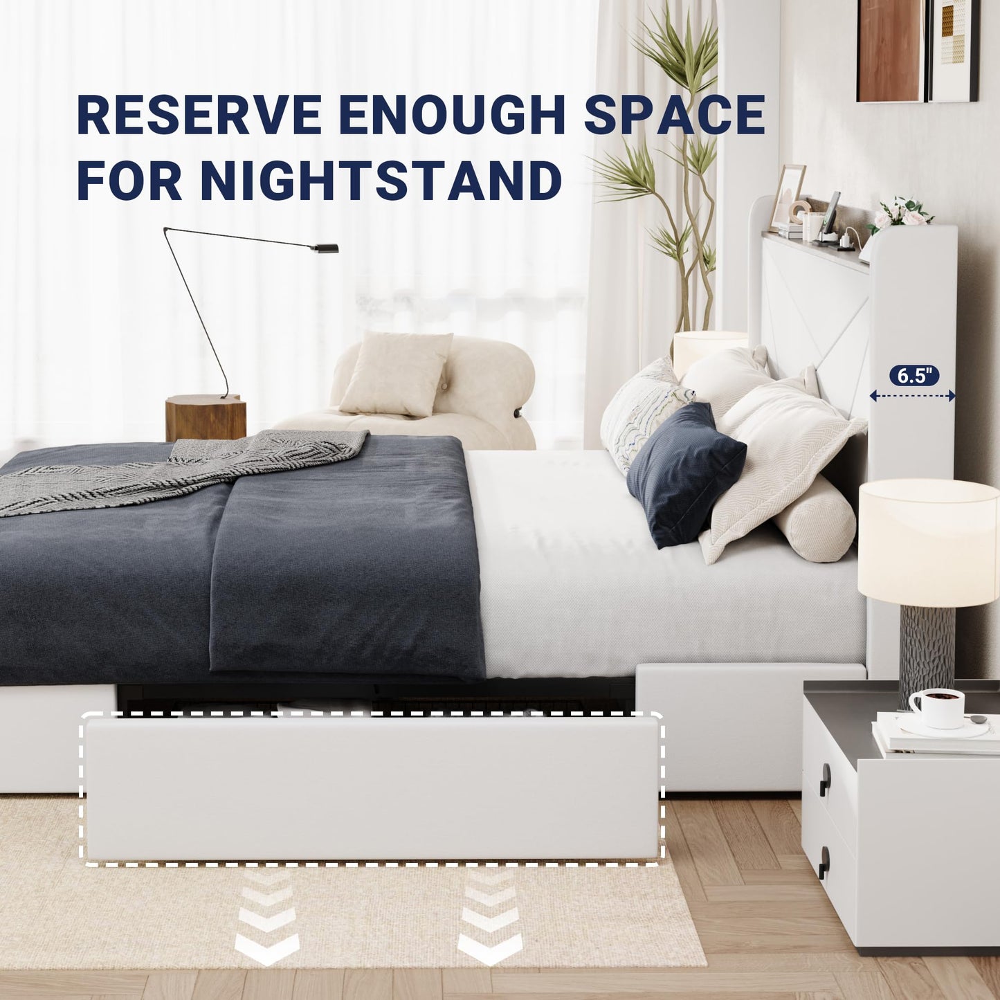 Allewie Full Size Velvet Bed Frame with 3 Storage Drawers, Upholstered Platform Bed with Wingback Storage Headboard and USB Ports, No Box Spring Needed, Easy Assembly, White