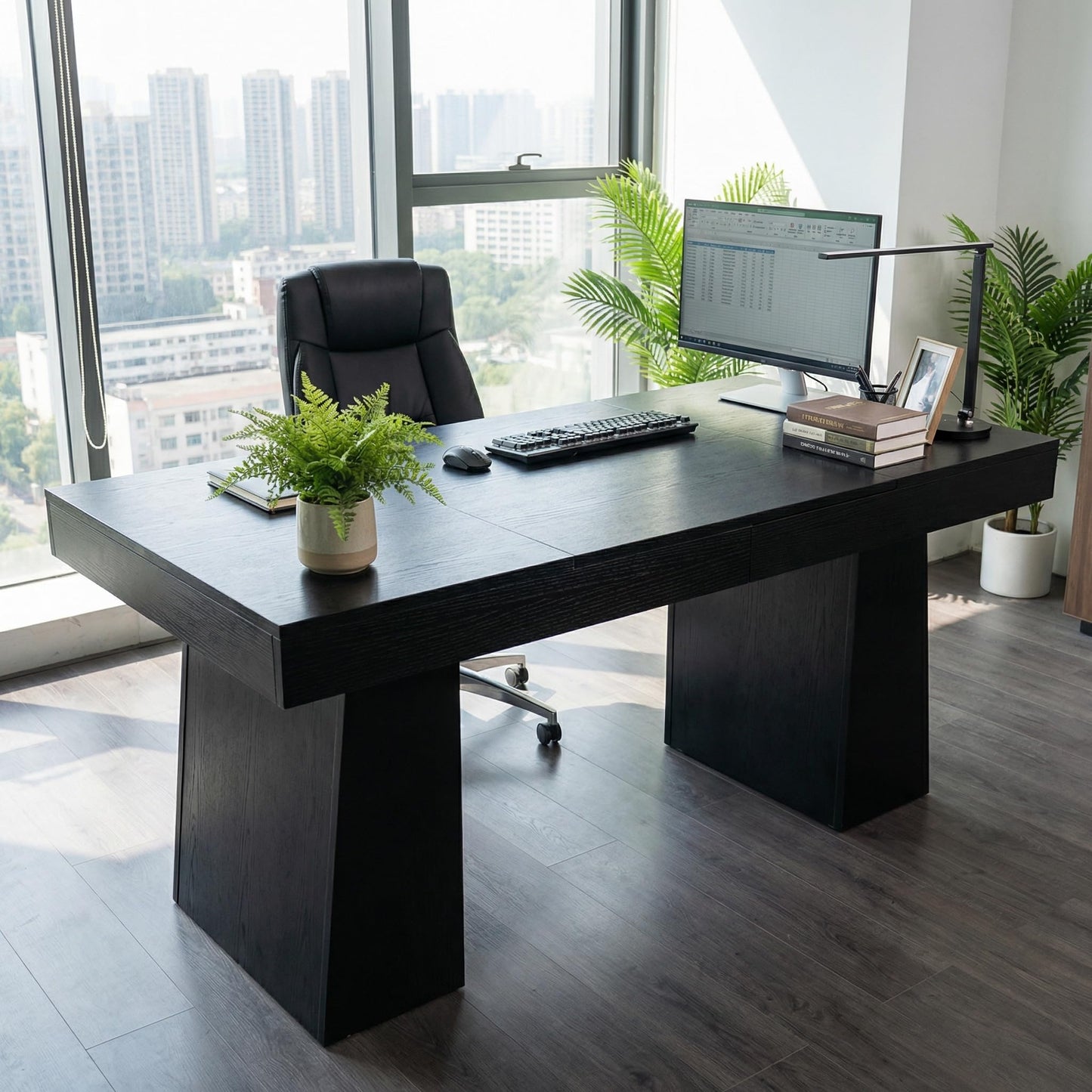 MegaChoice 55" Executive Desk, Large Office Computer Desk with Double Pedestal, Modern Simple Workstations Writing Table Conference Table Business Furniture for Home Office, Black