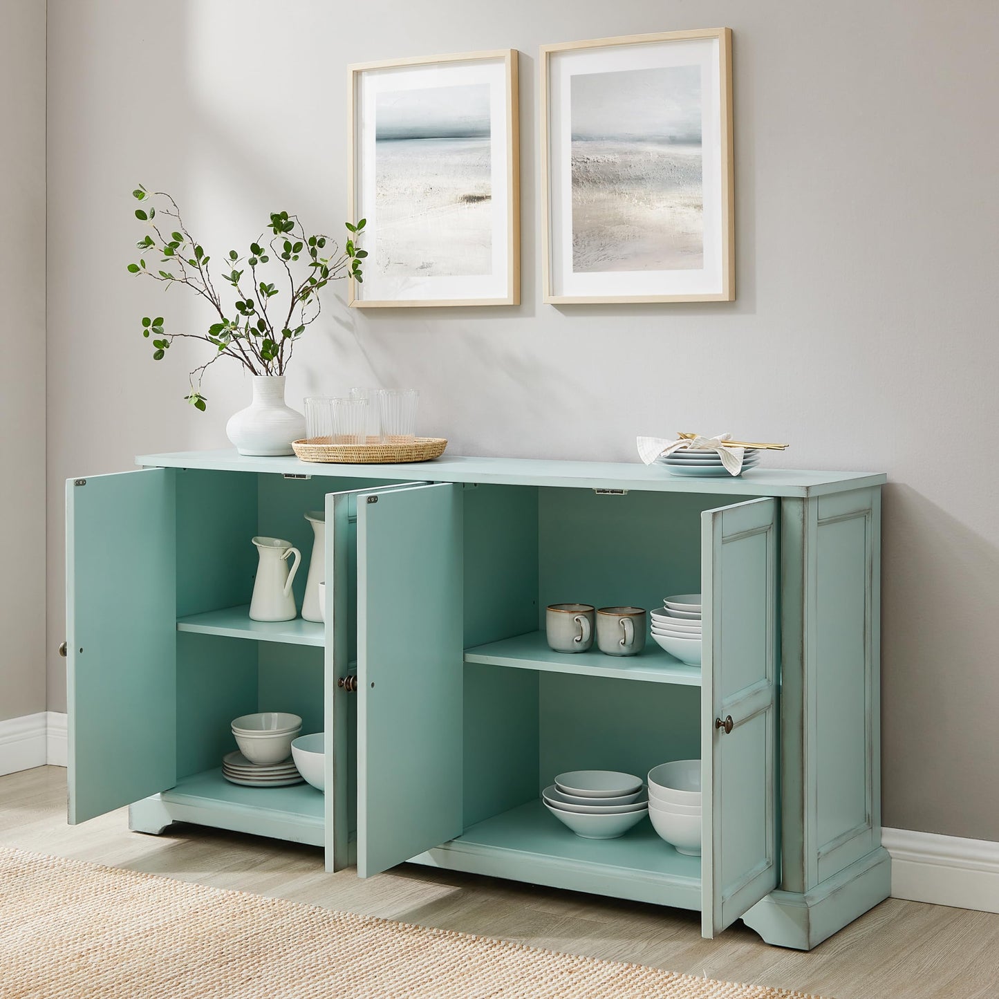 Crosley Furniture Holbrook Traditional Sideboard Buffet Cabinet, Kitchen Storage, Living Room TV Stand, Distressed Seafoam Blue