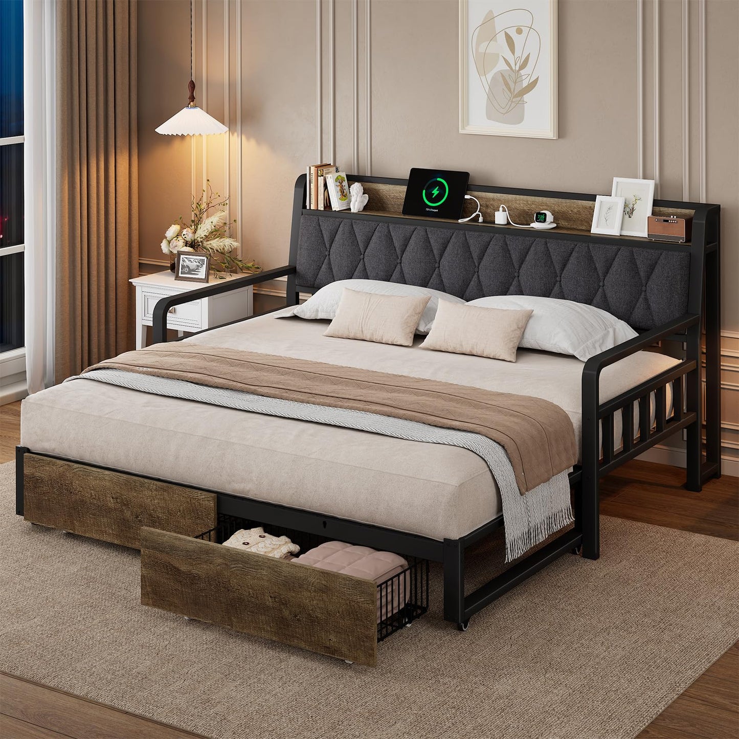 Convertible Daybed with Trundle, Twin to King Sofa Bed with Storage Drawers, Day Beds with Pop up Trundle, Upholstered Headboard & Power Outlet, Metal Platform Frame for Living Room, Guest Room, Black