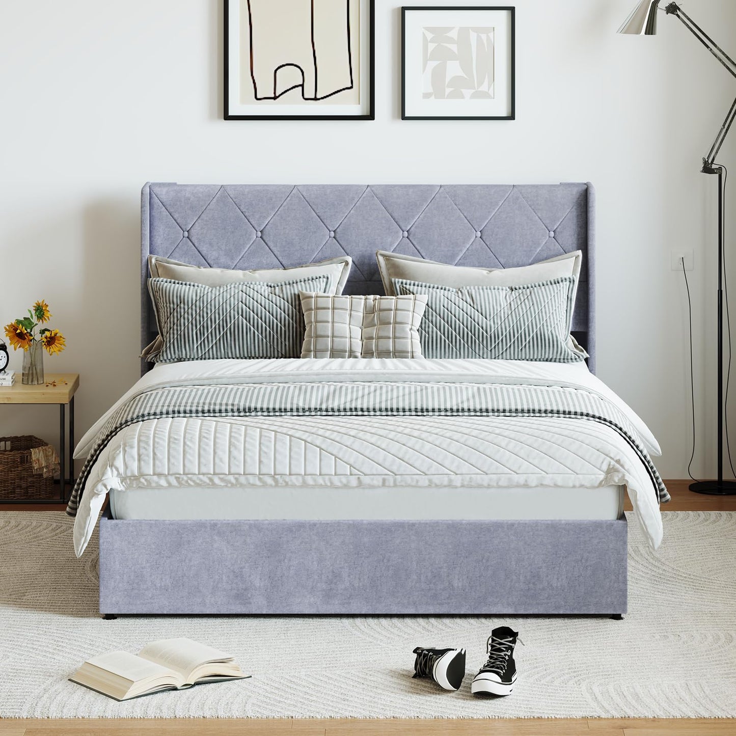 DUMOS Queen Size Lift Up Storage Bed with Modern Wingback Headboard, Hydraulic Support Fabric Upholstered Platform Bed, Wood Slats Support, Underbed Storage, No Box Spring Needed, Grey