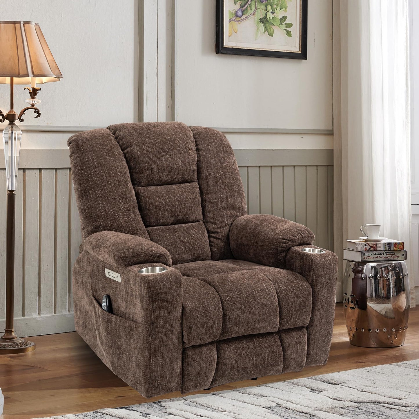 RHHVVR Power Lift Recliner Chair for Eldery, Chenille Electric Recliner Chairs with Massage and Heat, Remote Control Standing Assistance Lay Flat Recliner Sofa for Living Room Medium-Firm,Brown