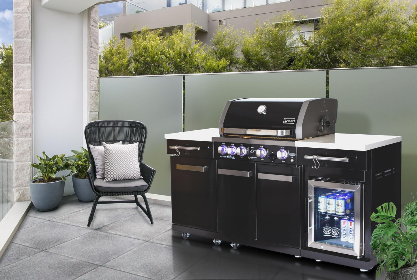 Mont Alpi Premium 70"W x 24"D x 46"H Black Stainless Steel Compact Outdoor Kitchen Island with Refrigerator + 32"W 4-Burner BBQ Grill + Rotisserie Rear Burner + Storage Cabinets + Granite Countertops
