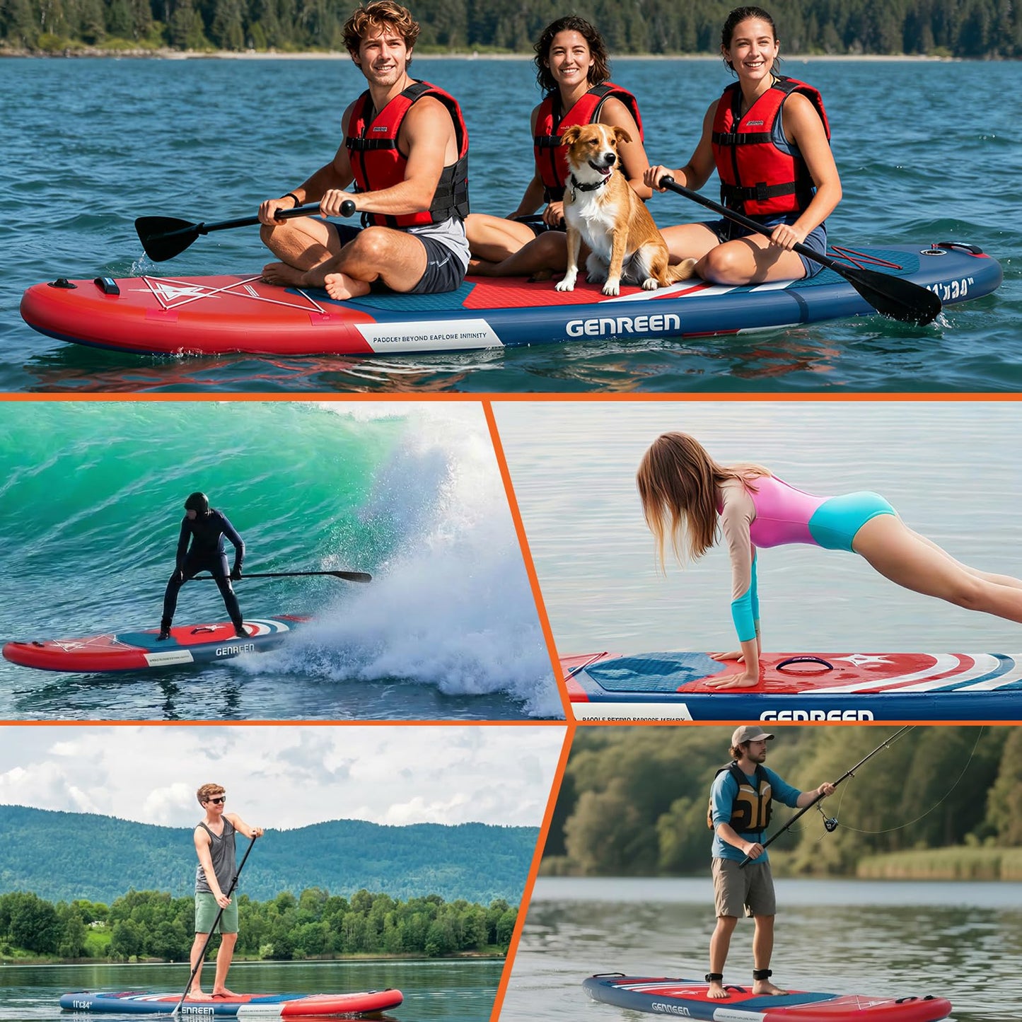 Genreen Stand up Paddle Board Inflatable 11'34'' Navy Blue Red Extremely Stable Thickened PVC 3 Fins 450LBS Capacity 3 People Tie-Downs2 Double Layer