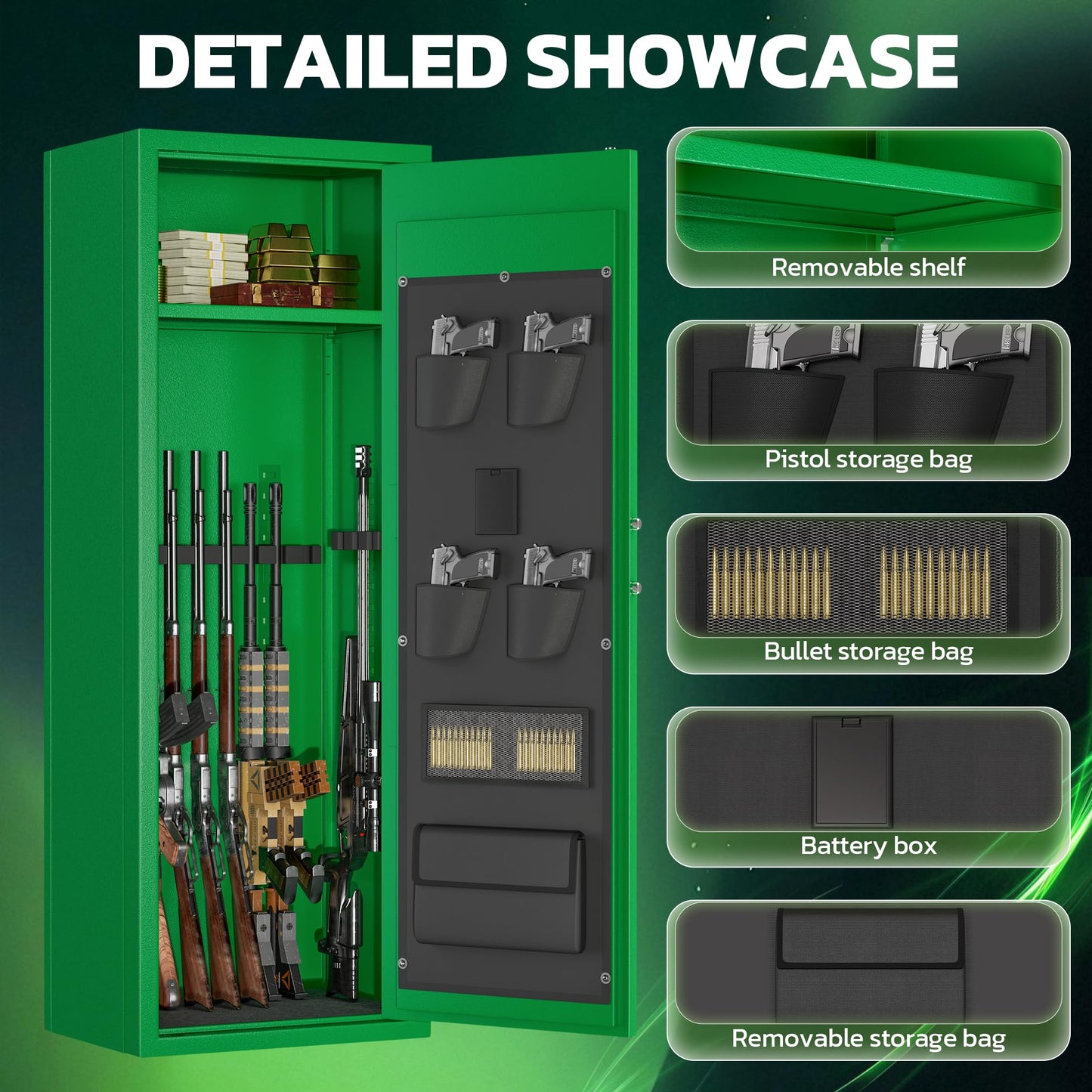 Greenvelly 14-16 Gun Safe for Rifles and Pistols, Rifle Safe with Keyboard Lock, Gun Cabinet for Rifles and Shotguns, Quick Access Fireproof Gun Safe with Pocket and Gun Rack for Home, Green