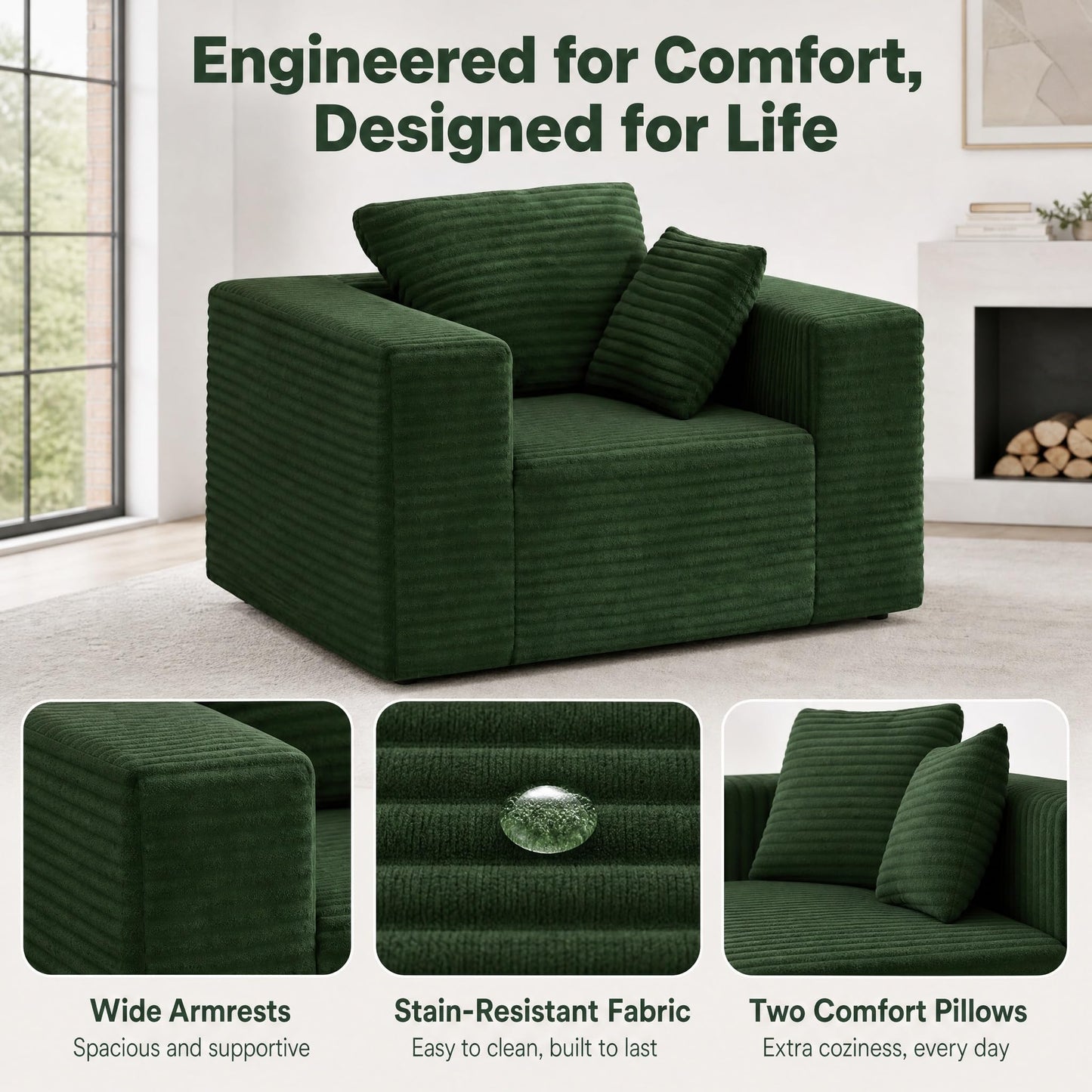 Trygoal Boneless Single Sofa Chair for Adult, Corduroy Cloud Lounge Chair with 2 Pillows & Wide Armrests, High-Density Foam Reading Couches for Living Room & Office, No Assembly Required, Green