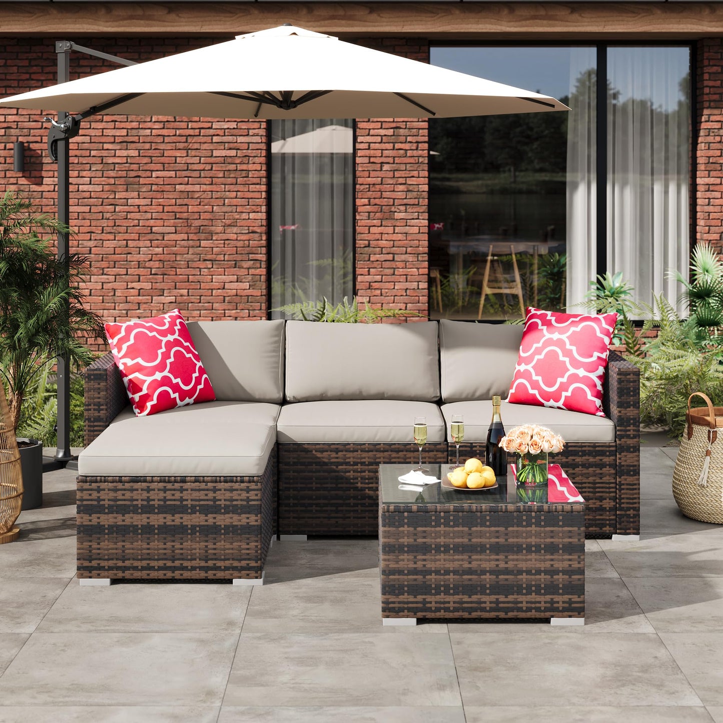 PeakPursuit Outdoor Patio Furniture Set, 5 Pieces Rattan Patio Conversation Sets with Glass Coffee Table and Cushion,All Weather Outdoor Patio Sofa for Garden, Poolside, Backyard,Grey