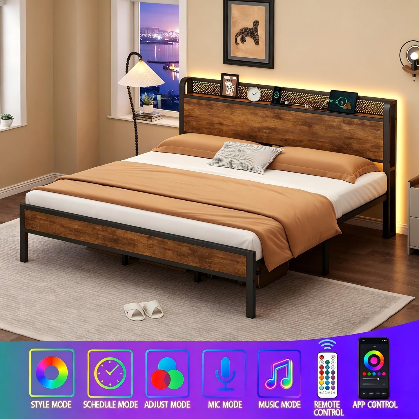 Nedenyou King Bed Frame with Charging Station and LED Lights,Heavy Duty Platform Beds King Size with Storage Headboard,USB Port,Rustic Wood and Strong Metal Support,No Box Spring Needed, Noise Free